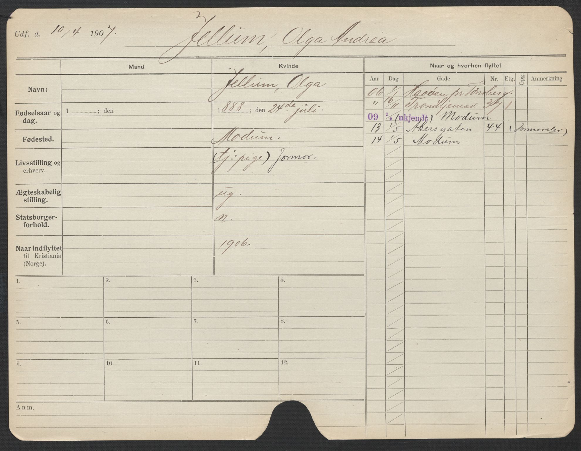 Oslo folkeregister, Registerkort, AV/SAO-A-11715/F/Fa/Fac/L0017: Kvinner, 1906-1914, p. 353a