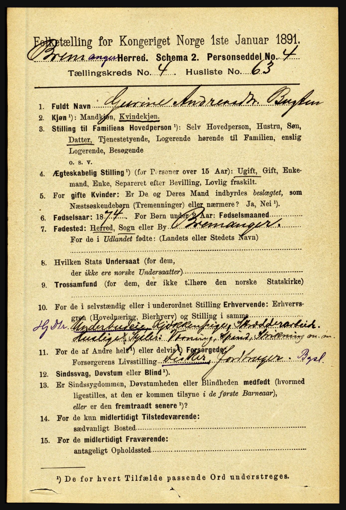 RA, 1891 census for 1438 Bremanger, 1891, p. 1901