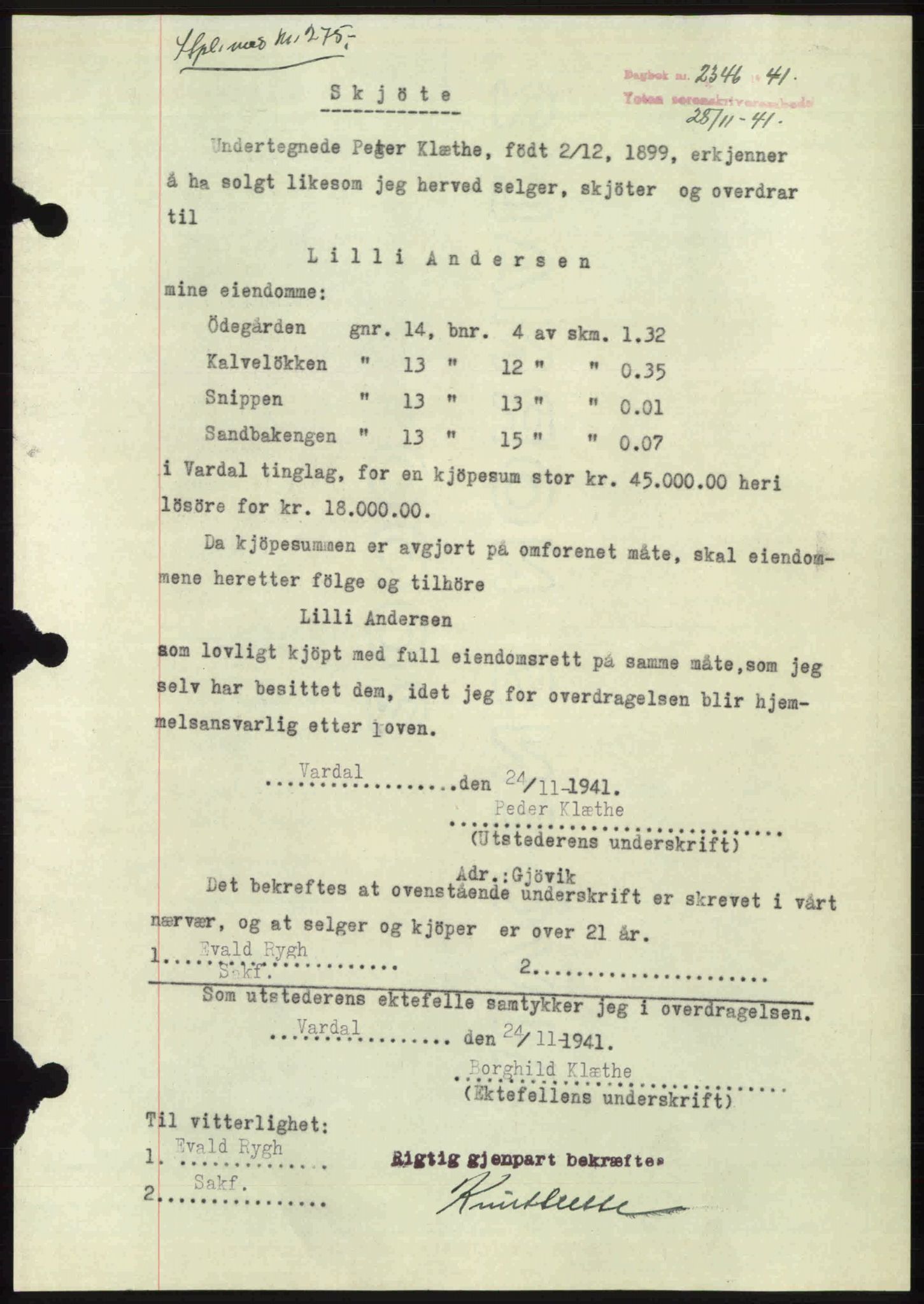 Toten tingrett, SAH/TING-006/H/Hb/Hbc/L0008: Mortgage book no. Hbc-08, 1941-1941, Diary no: : 2346/1941
