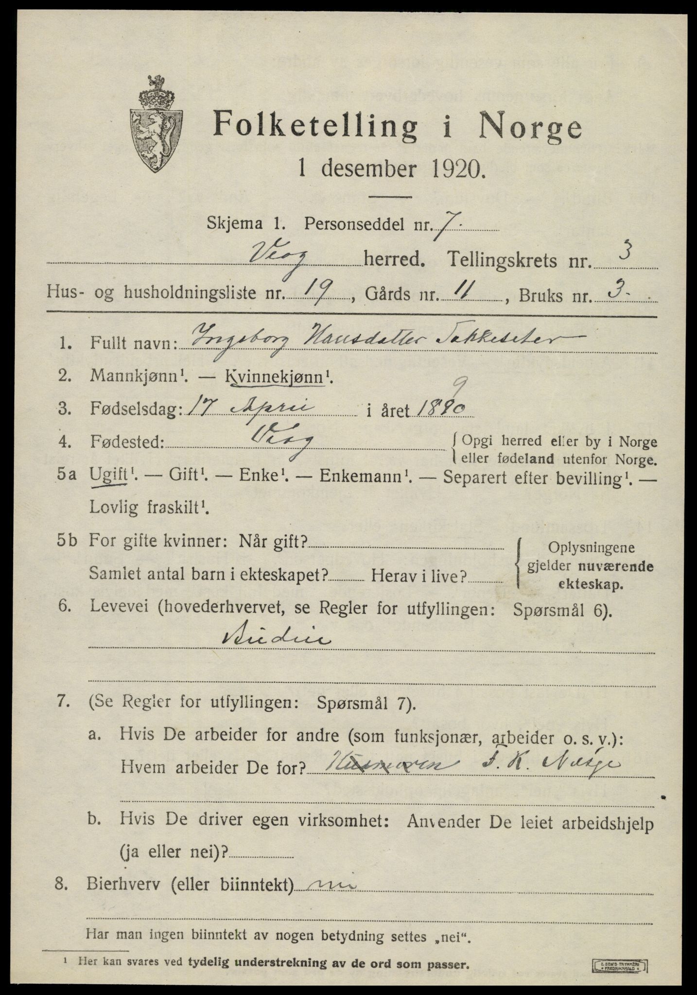 SAT, 1920 census for Veøy, 1920, p. 1667