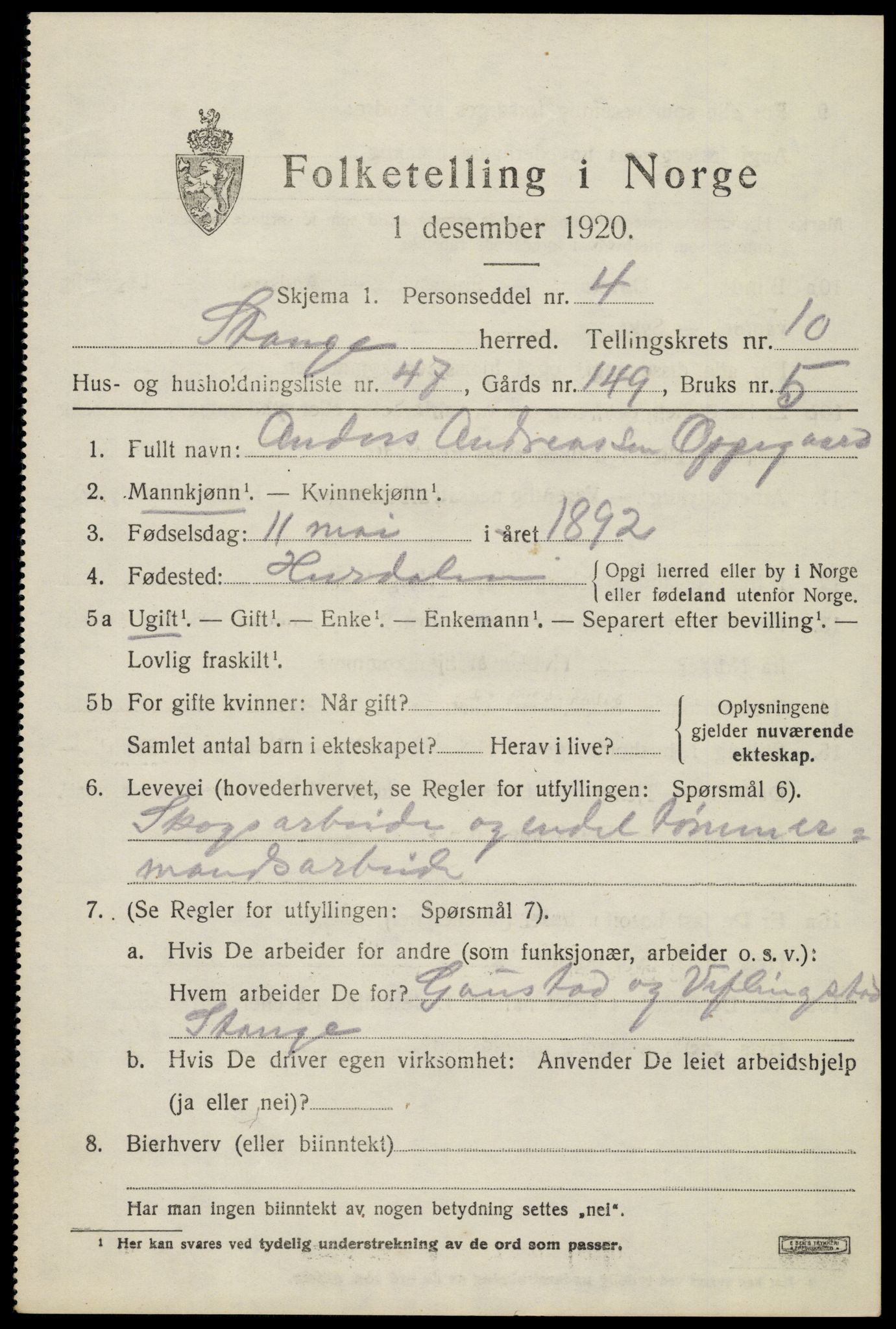 SAH, 1920 census for Stange, 1920, p. 16347