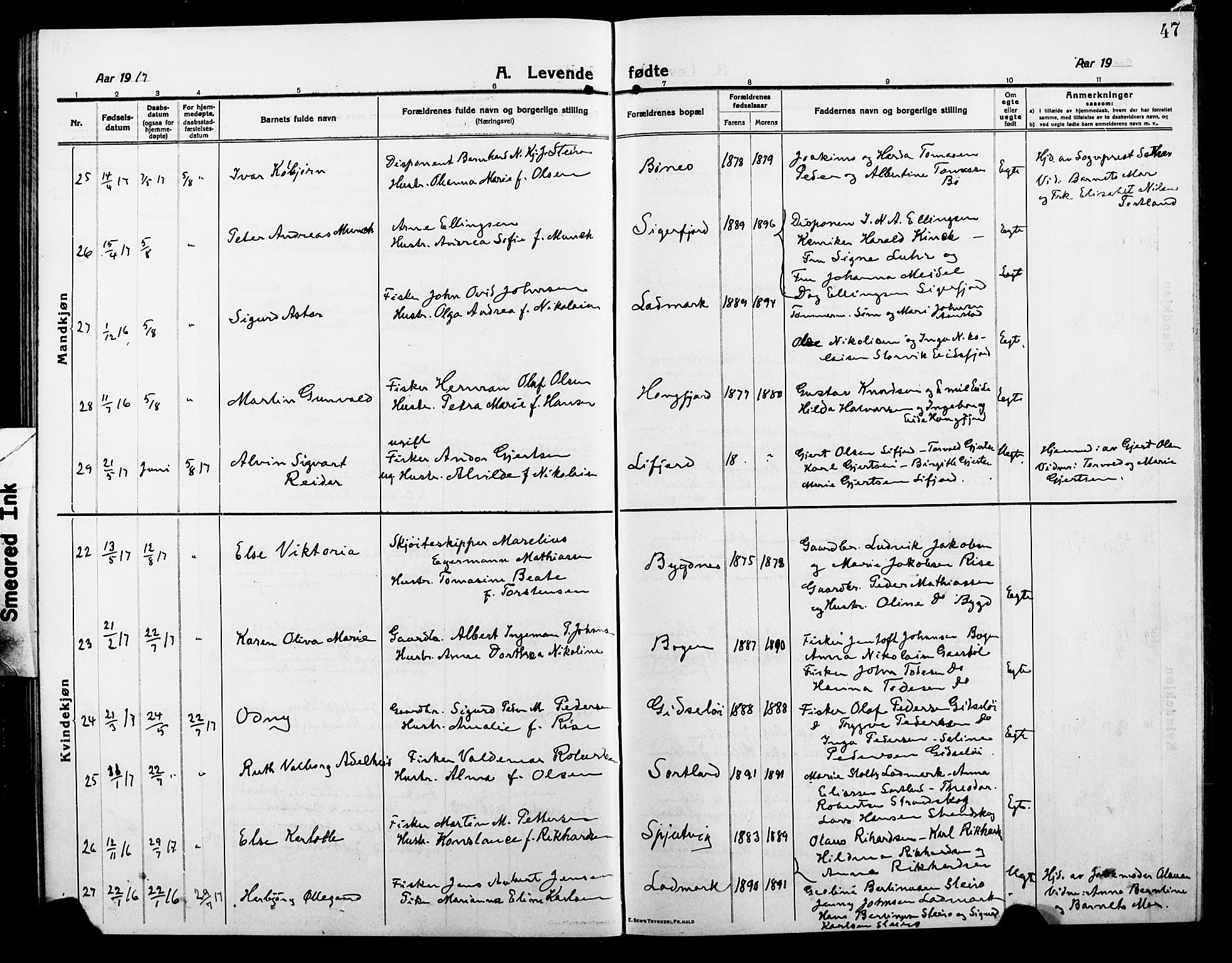 Ministerialprotokoller, klokkerbøker og fødselsregistre - Nordland, AV/SAT-A-1459/895/L1383: Parish register (copy) no. 895C05, 1913-1922, p. 47