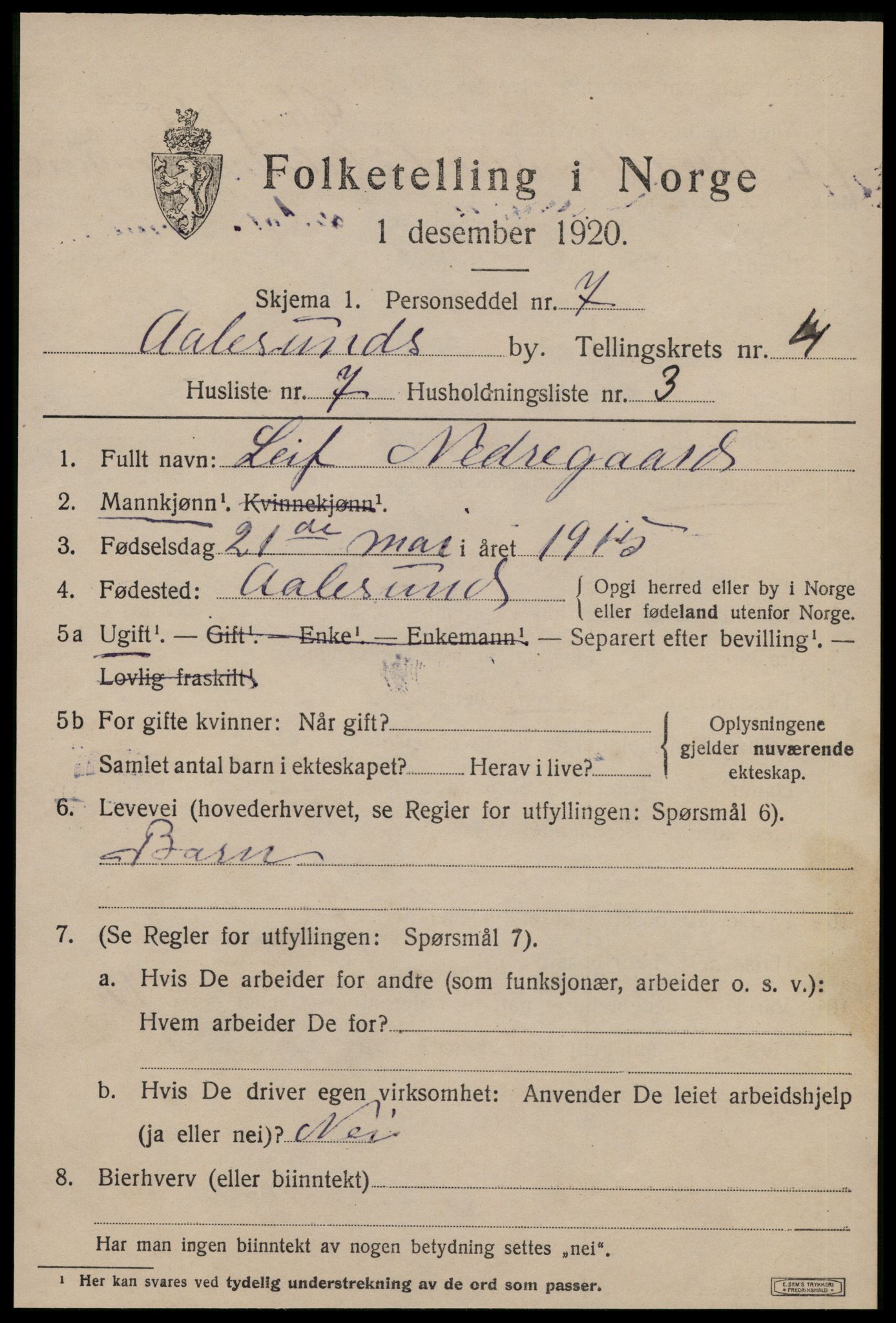 SAT, 1920 census for Ålesund, 1920, p. 14544