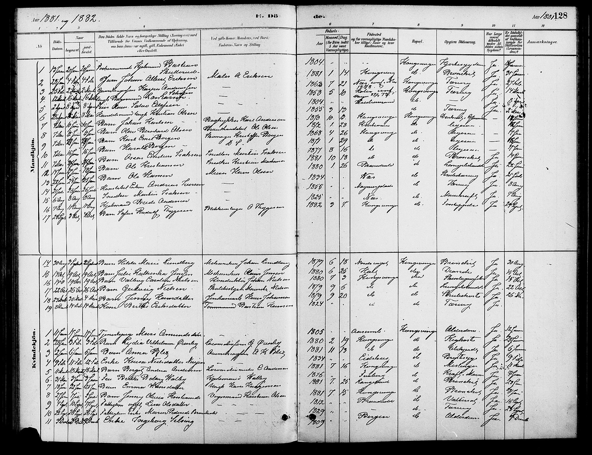Vinger prestekontor, SAH/PREST-024/H/Ha/Haa/L0013: Parish register (official) no. 13, 1881-1897, p. 128