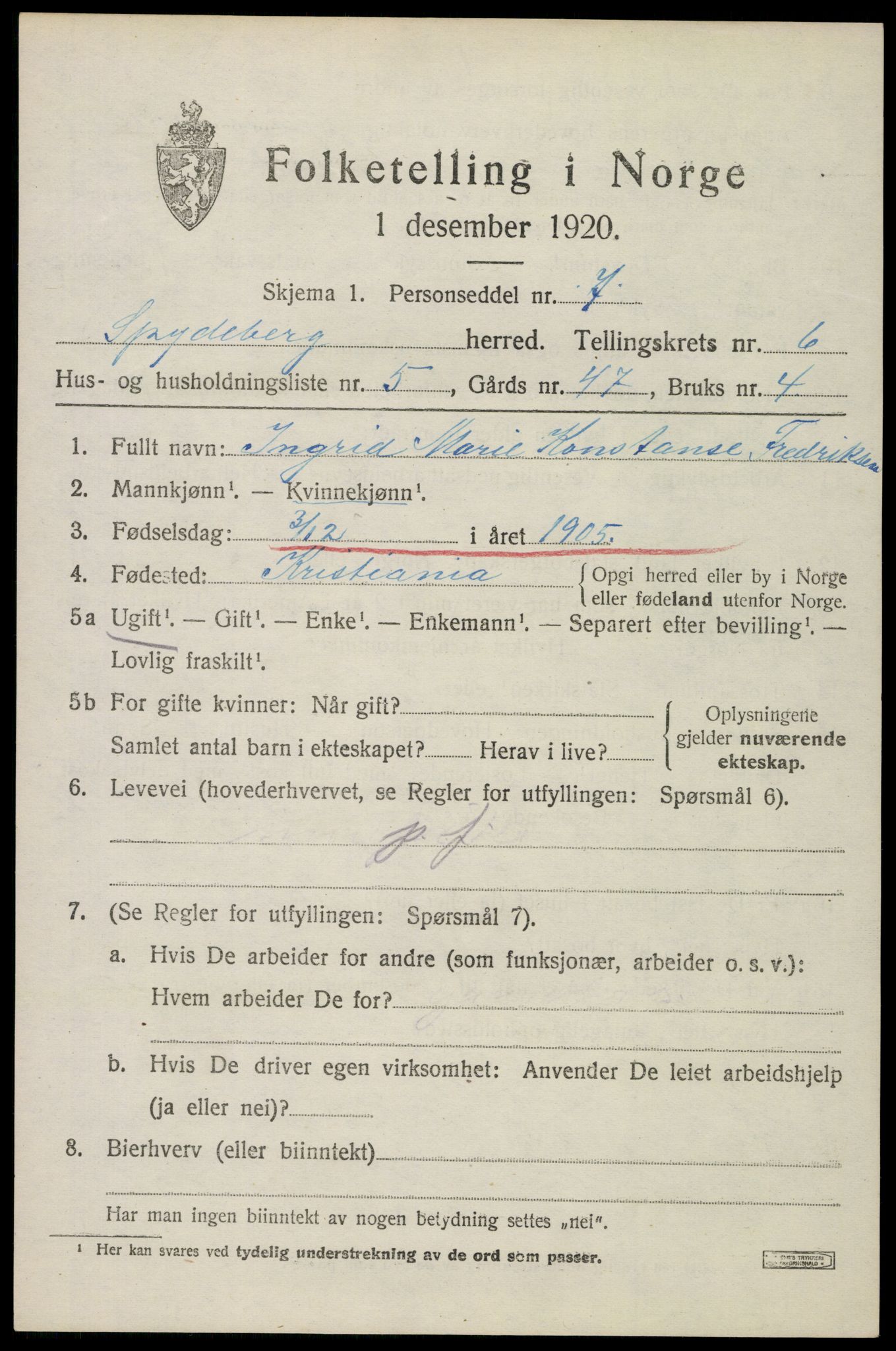 SAO, 1920 census for Spydeberg, 1920, p. 7037