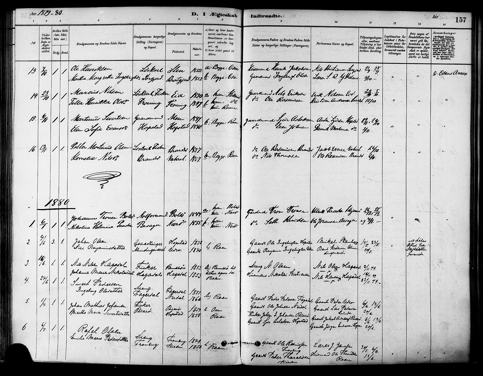 Ministerialprotokoller, klokkerbøker og fødselsregistre - Sør-Trøndelag, SAT/A-1456/657/L0707: Parish register (official) no. 657A08, 1879-1893, p. 157