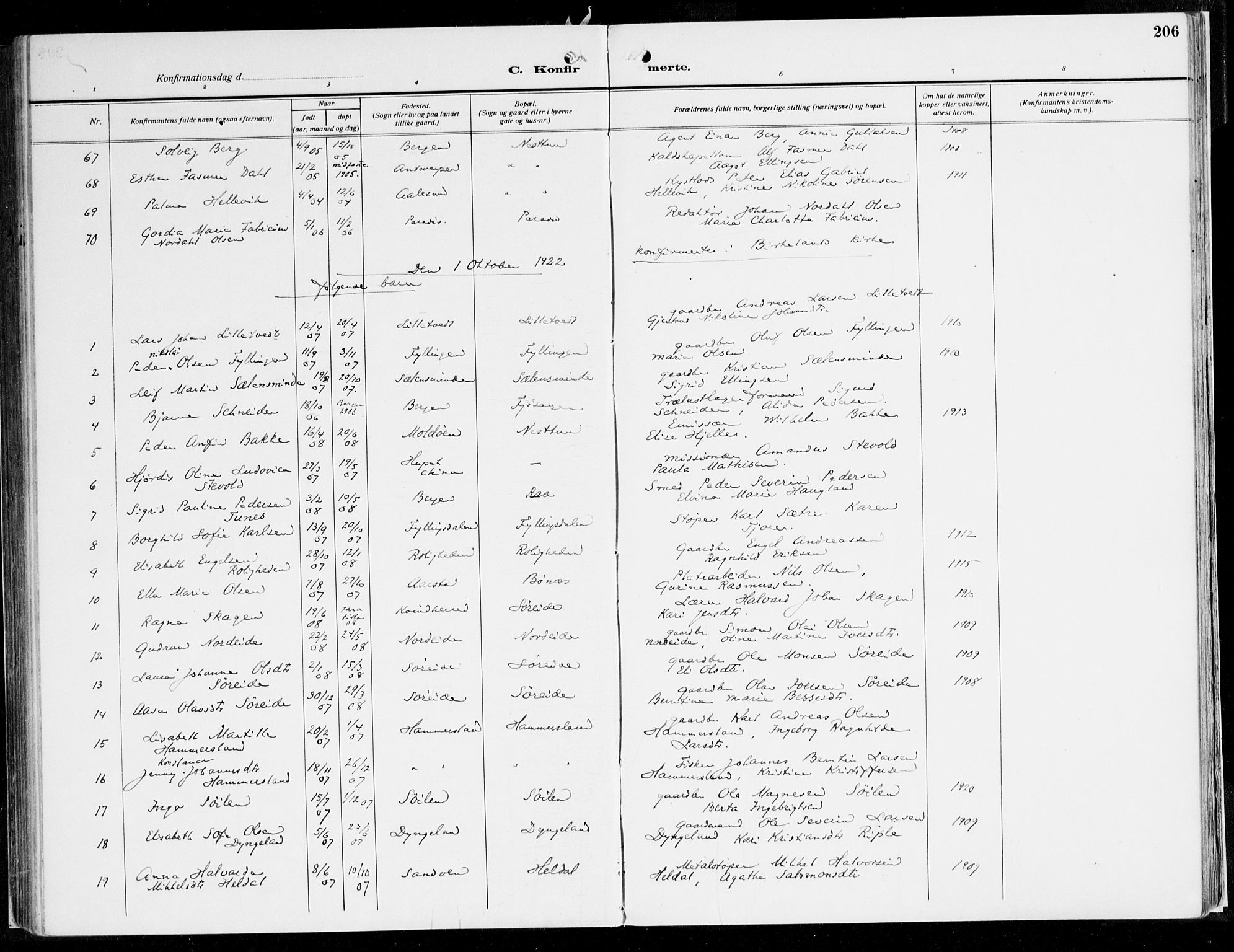 Fana Sokneprestembete, AV/SAB-A-75101/H/Haa/Haaj/L0001: Parish register (official) no. J 1, 1921-1935, p. 206