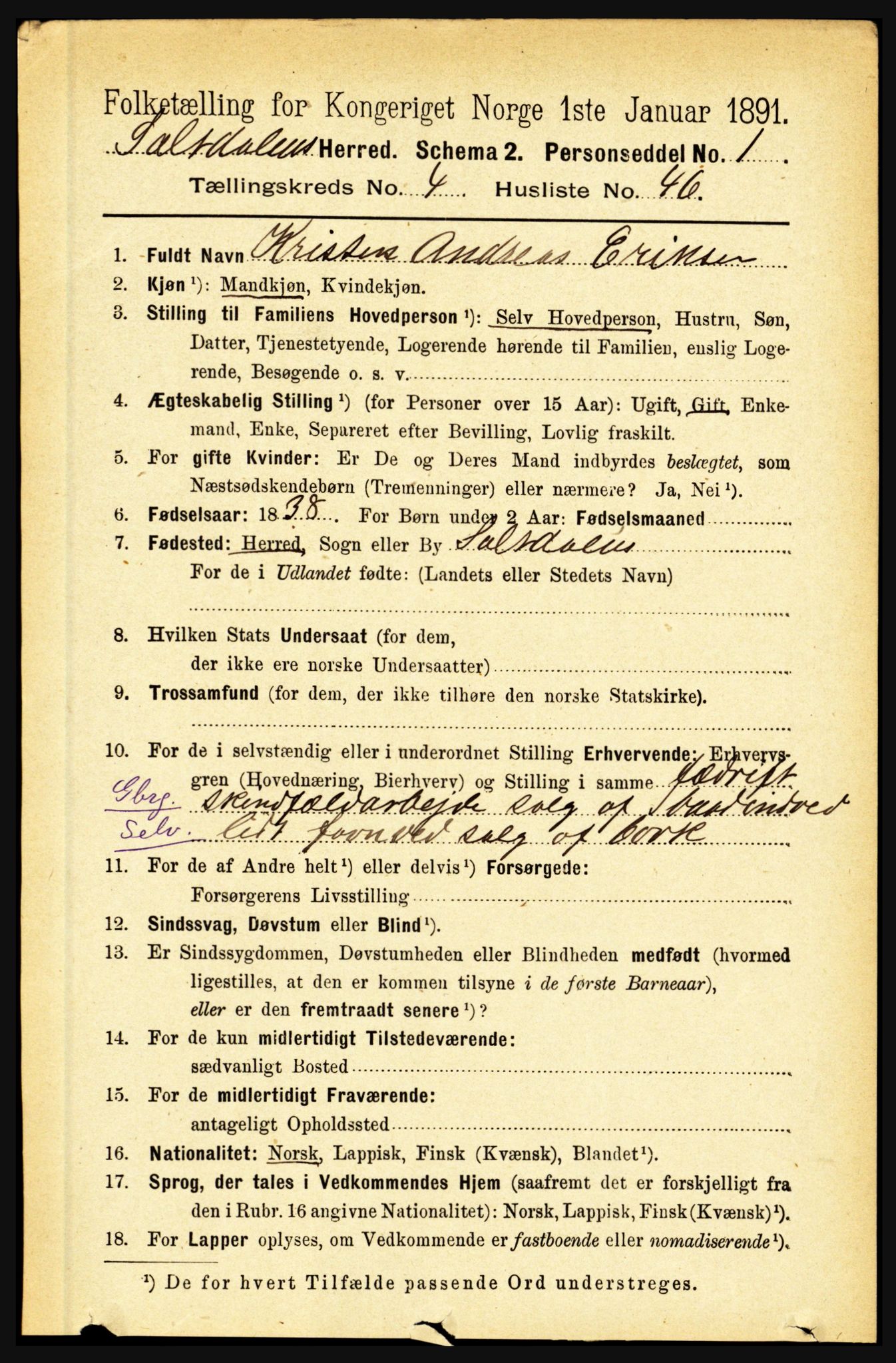 RA, 1891 census for 1840 Saltdal, 1891, p. 2636