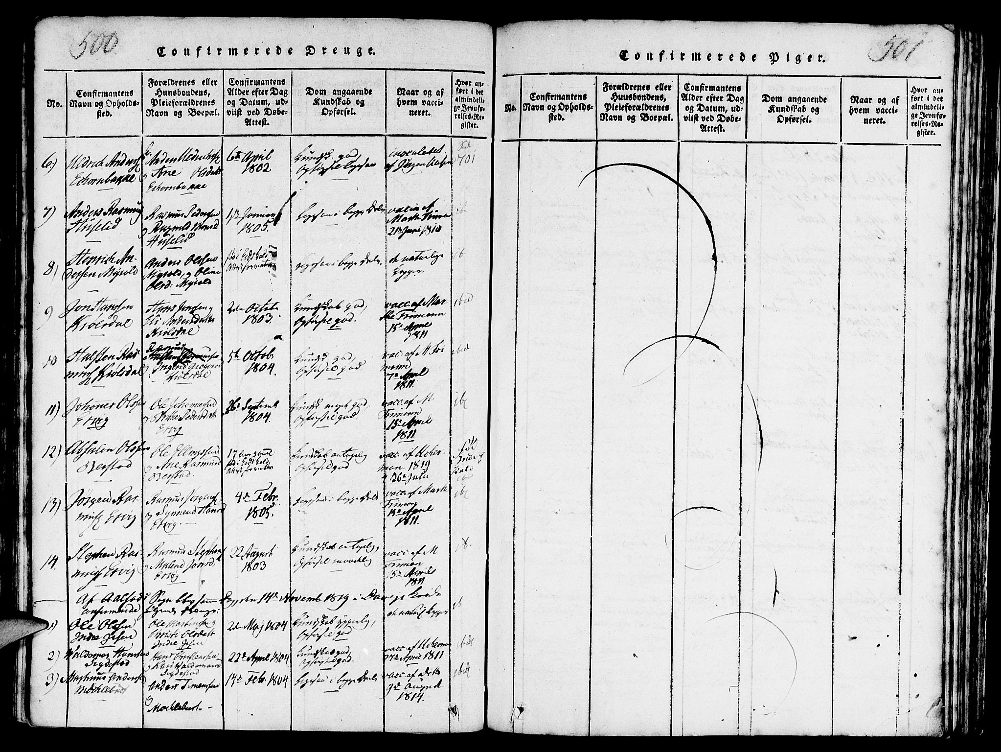 Davik sokneprestembete, AV/SAB-A-79701/H/Haa/Haaa/L0003: Parish register (official) no. A 3, 1816-1830, p. 500-501