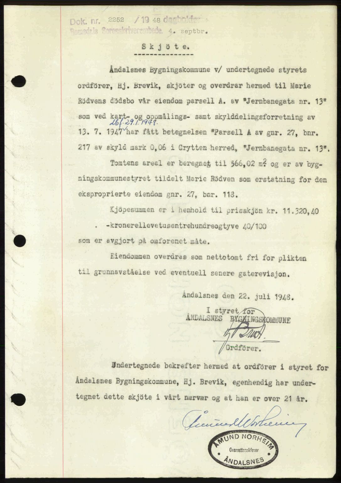 Romsdal sorenskriveri, AV/SAT-A-4149/1/2/2C: Mortgage book no. A27, 1948-1948, Diary no: : 2252/1948