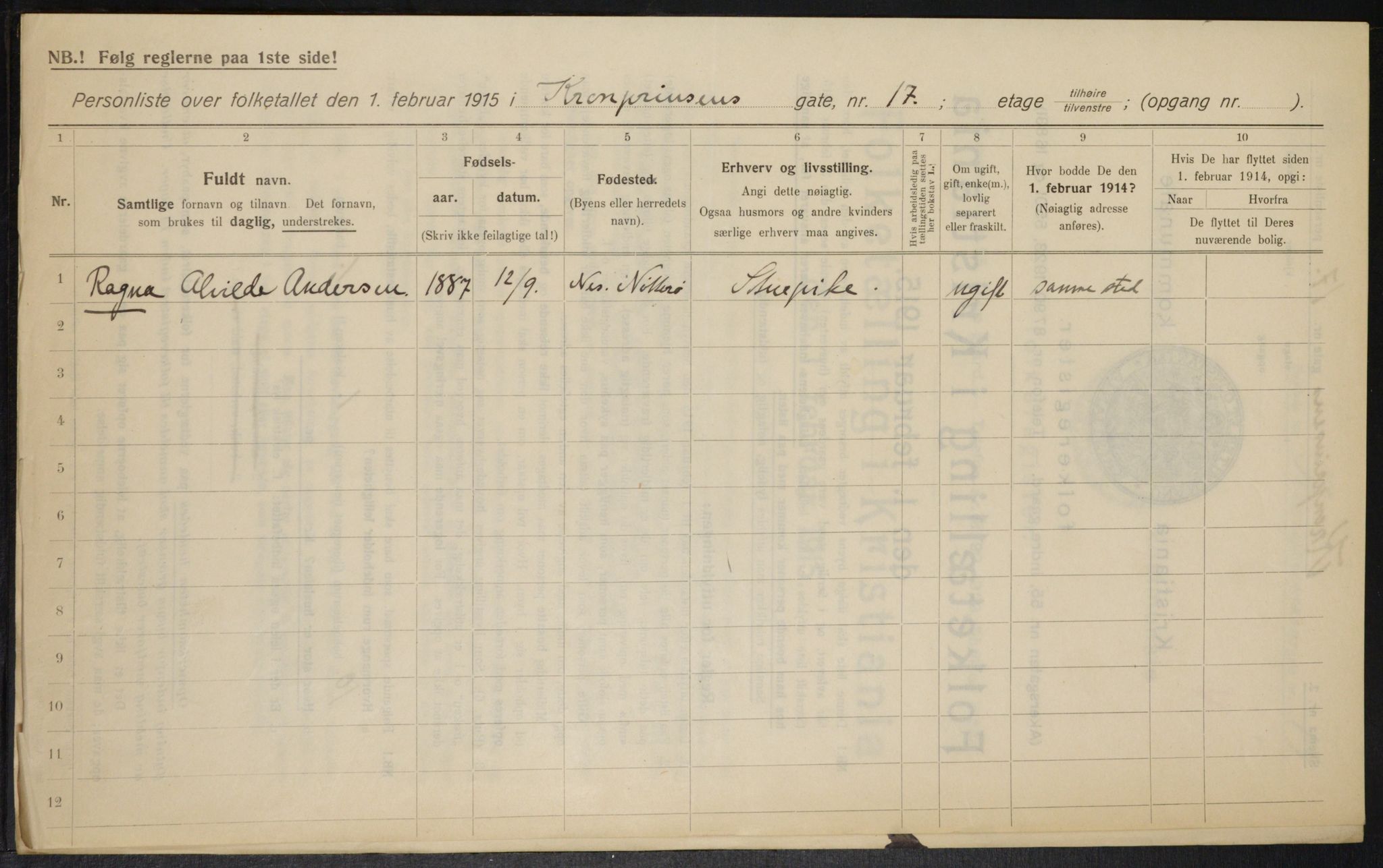 OBA, Municipal Census 1915 for Kristiania, 1915, p. 54192