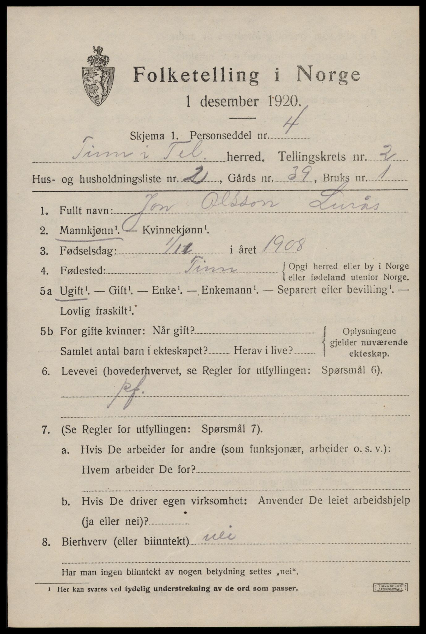 SAKO, 1920 census for Tinn, 1920, p. 3066