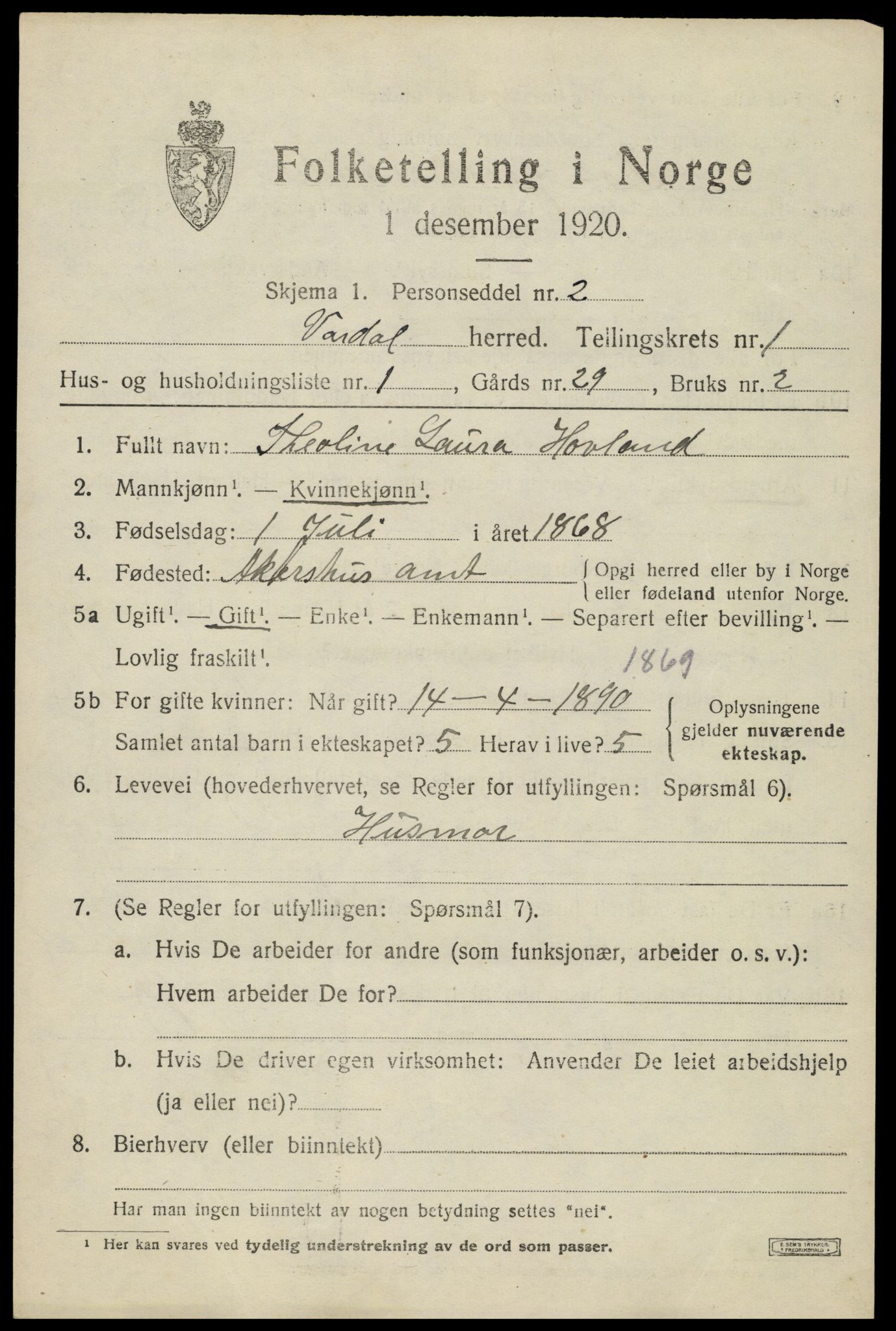 SAH, 1920 census for Vardal, 1920, p. 1947