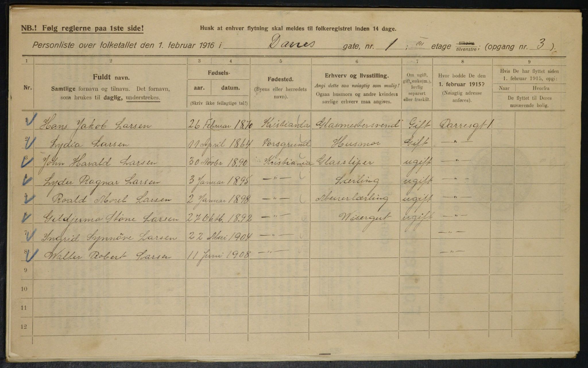 OBA, Municipal Census 1916 for Kristiania, 1916, p. 15385