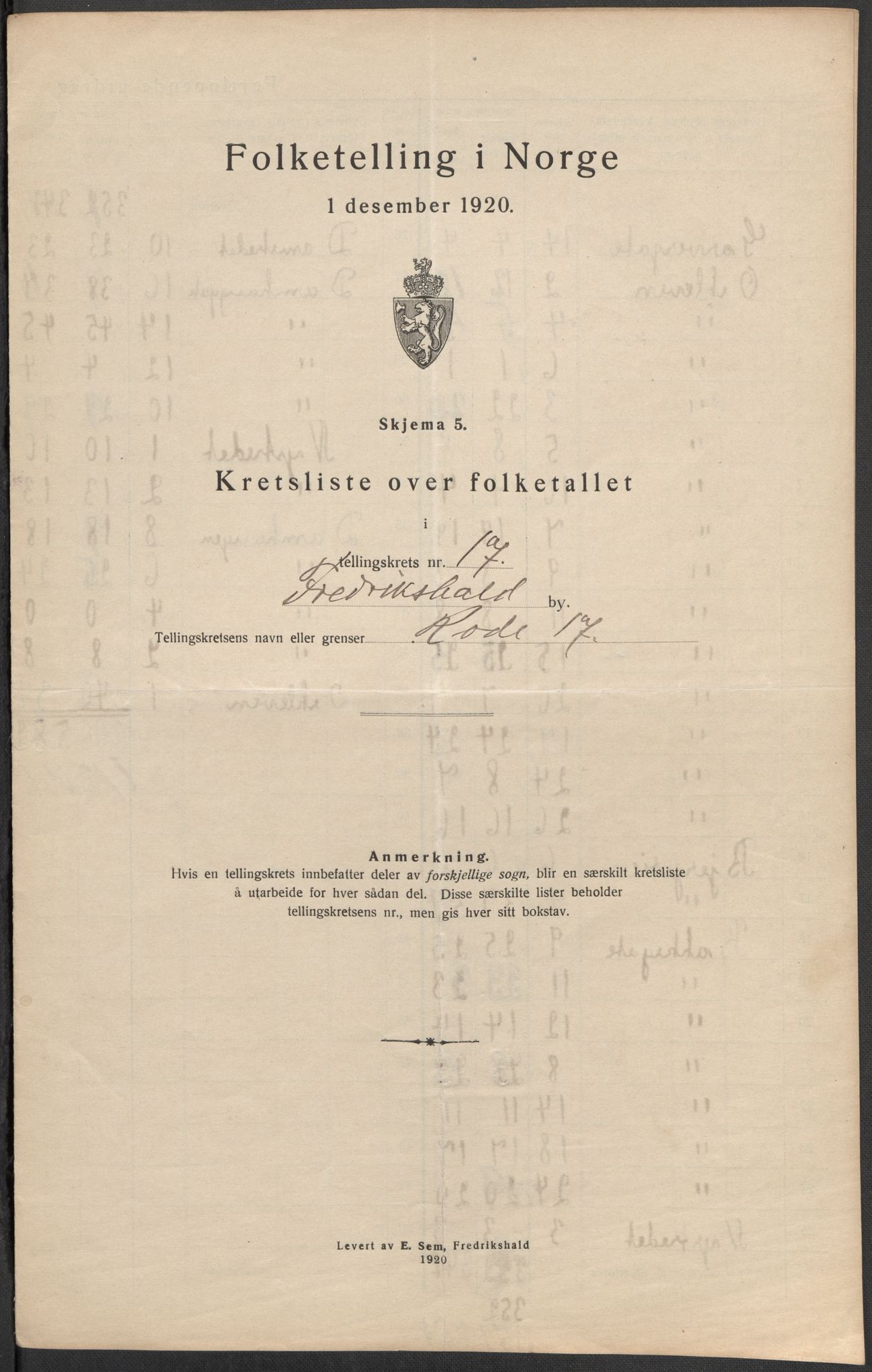 SAO, 1920 census for Fredrikshald, 1920, p. 54