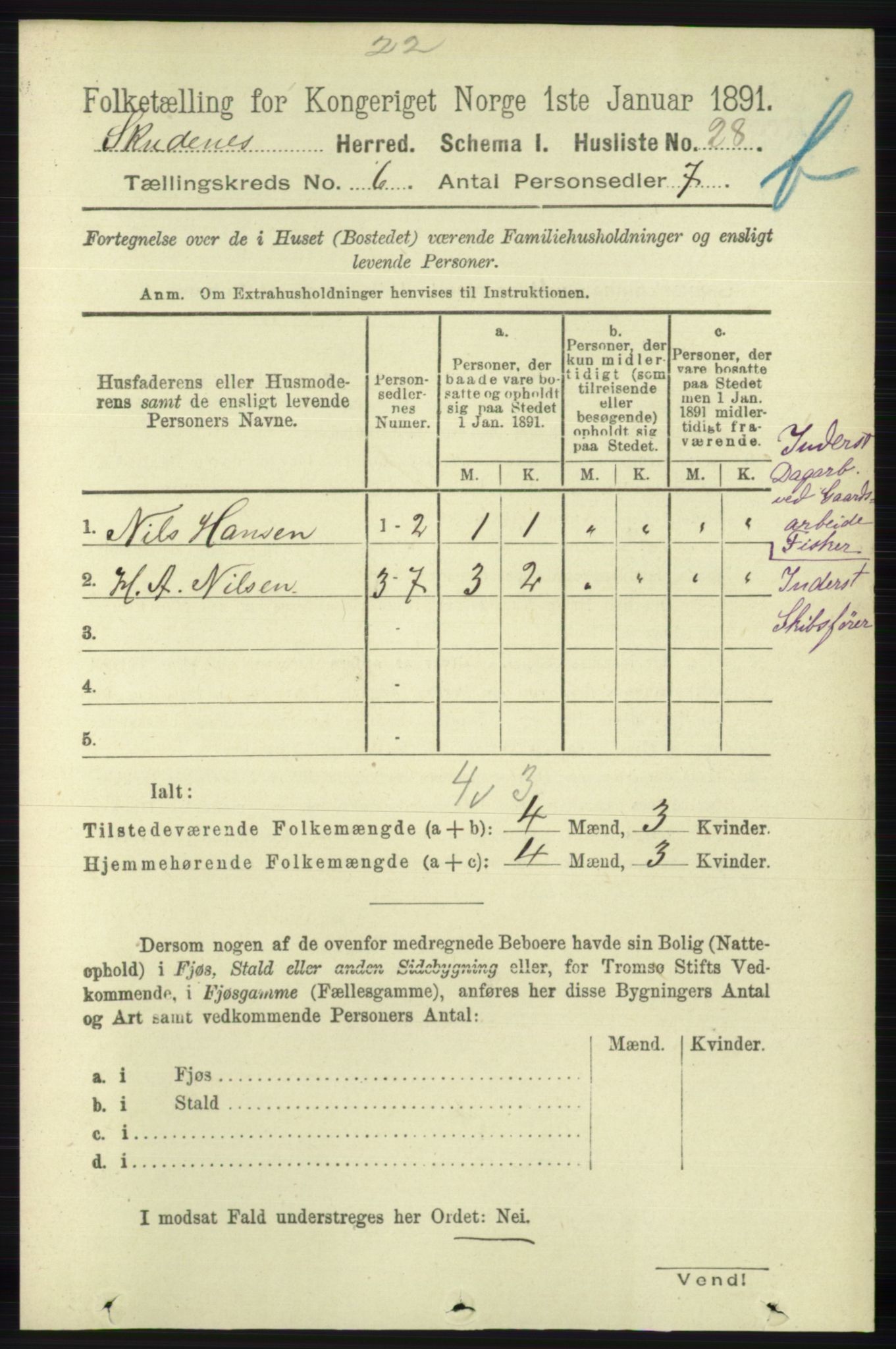 RA, 1891 census for 1150 Skudenes, 1891, p. 5586