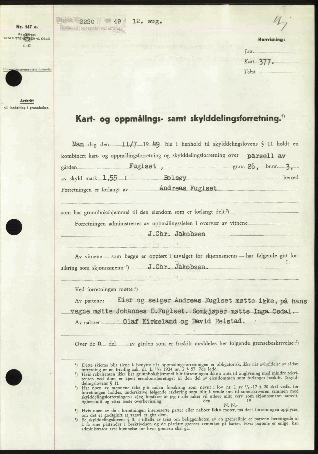 Romsdal sorenskriveri, AV/SAT-A-4149/1/2/2C: Mortgage book no. A30, 1949-1949, Diary no: : 2220/1949