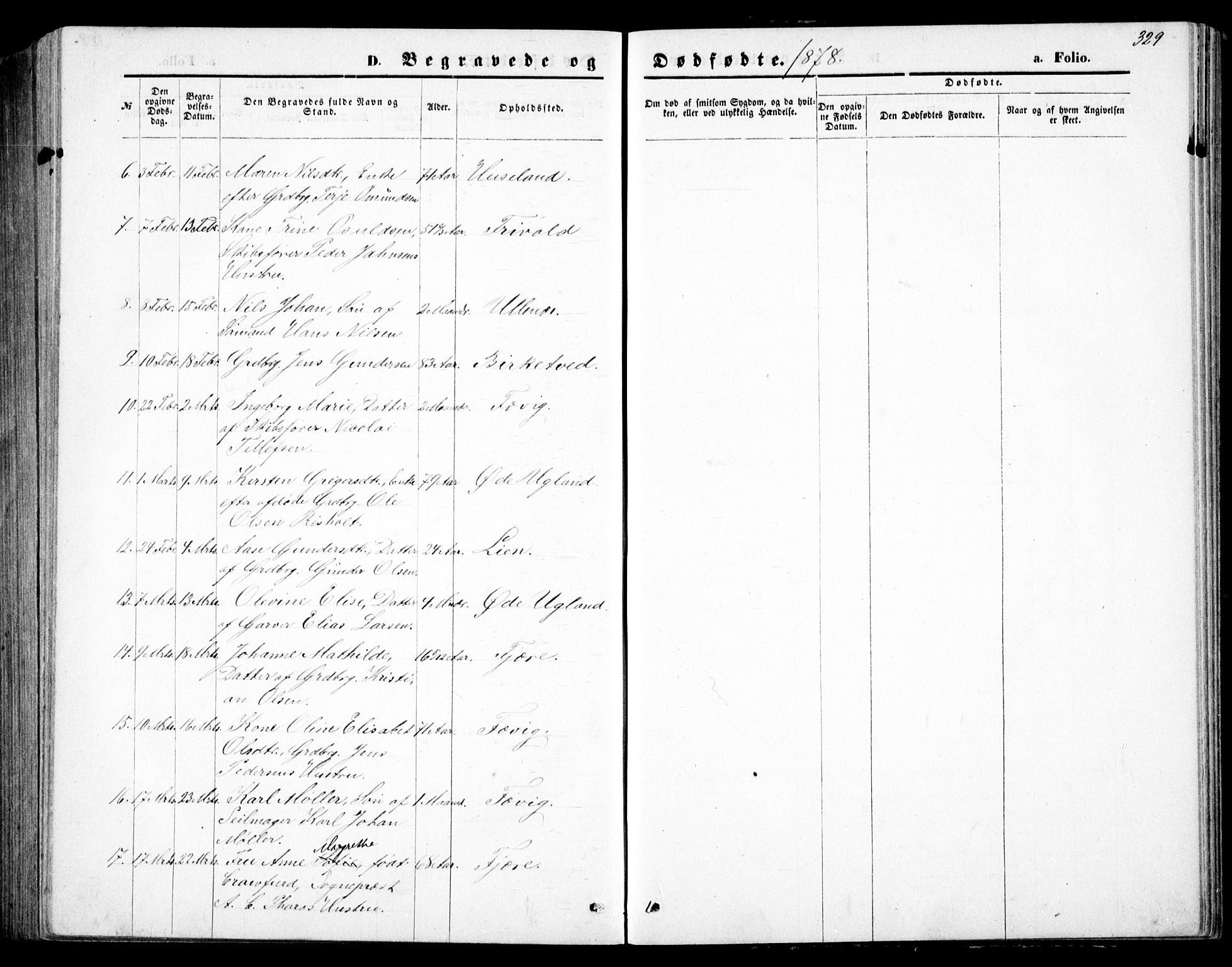 Fjære sokneprestkontor, AV/SAK-1111-0011/F/Fb/L0010: Parish register (copy) no. B 10, 1871-1880, p. 329