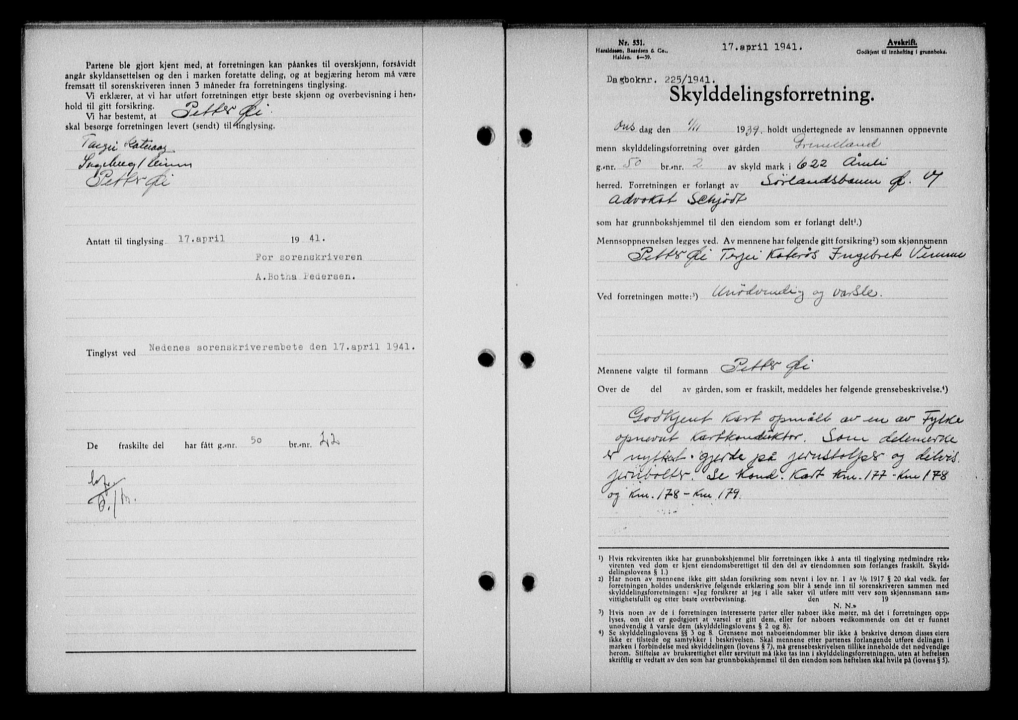 Nedenes sorenskriveri, AV/SAK-1221-0006/G/Gb/Gba/L0048: Mortgage book no. A-II, 1940-1941, Diary no: : 225/1941