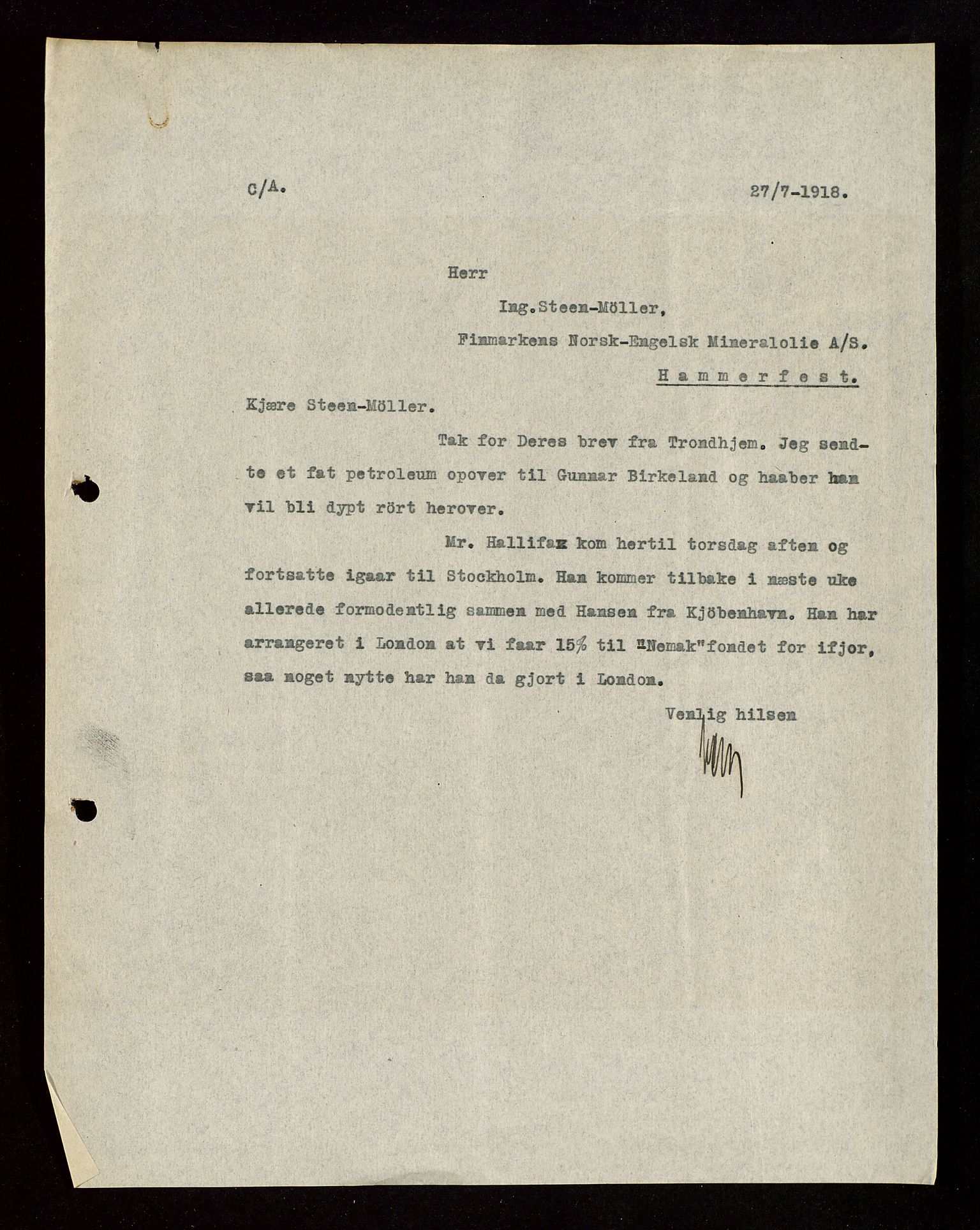 Pa 1521 - A/S Norske Shell, AV/SAST-A-101915/E/Ea/Eaa/L0003: Sjefskorrespondanse, 1918, p. 254