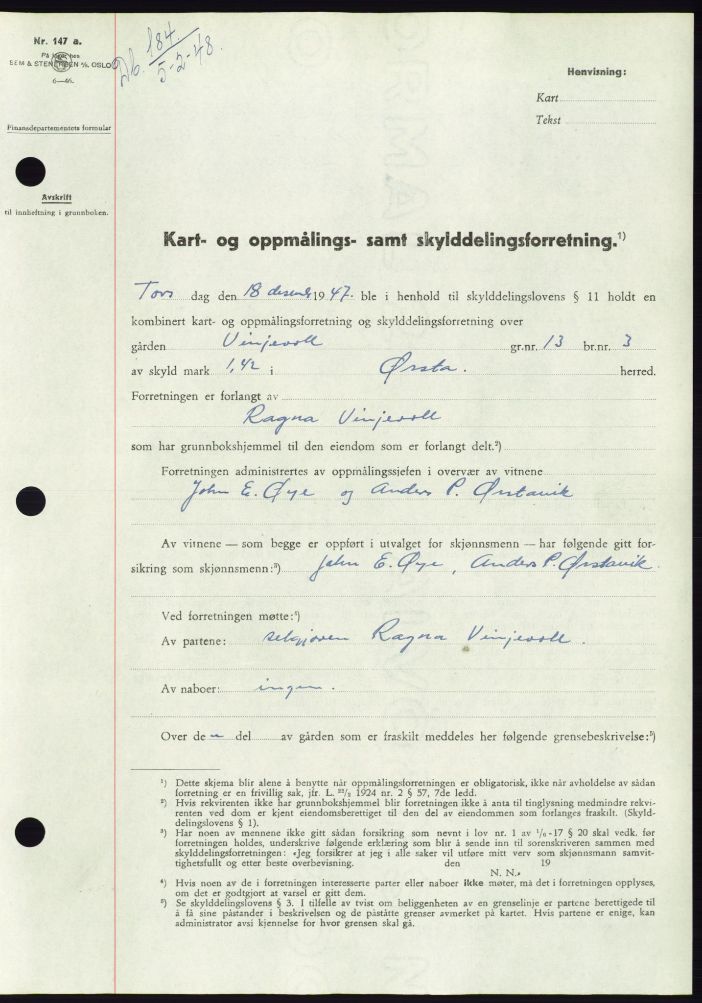 Søre Sunnmøre sorenskriveri, AV/SAT-A-4122/1/2/2C/L0082: Mortgage book no. 8A, 1948-1948, Diary no: : 184/1948