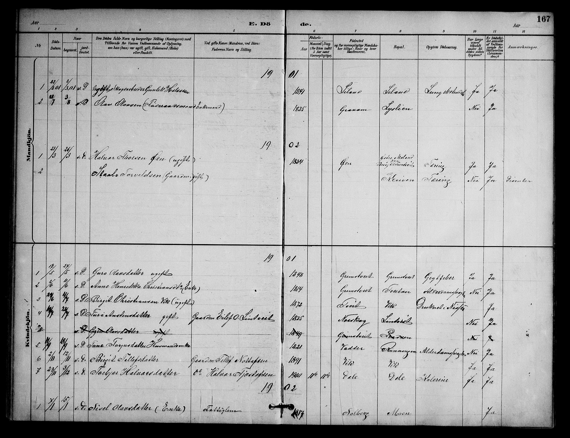 Nissedal kirkebøker, SAKO/A-288/G/Ga/L0003: Parish register (copy) no. I 3, 1887-1911, p. 167