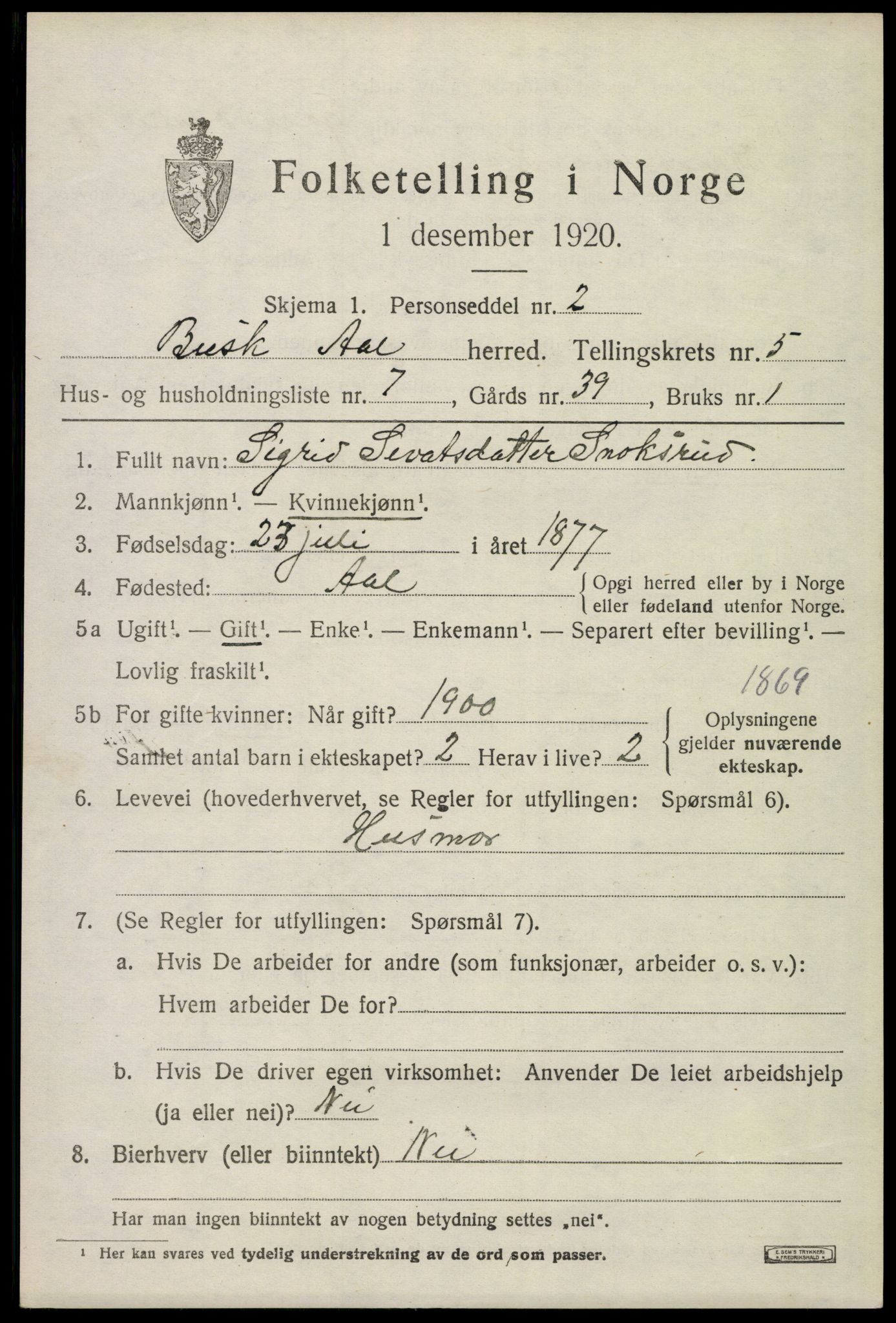 SAKO, 1920 census for Ål, 1920, p. 3914