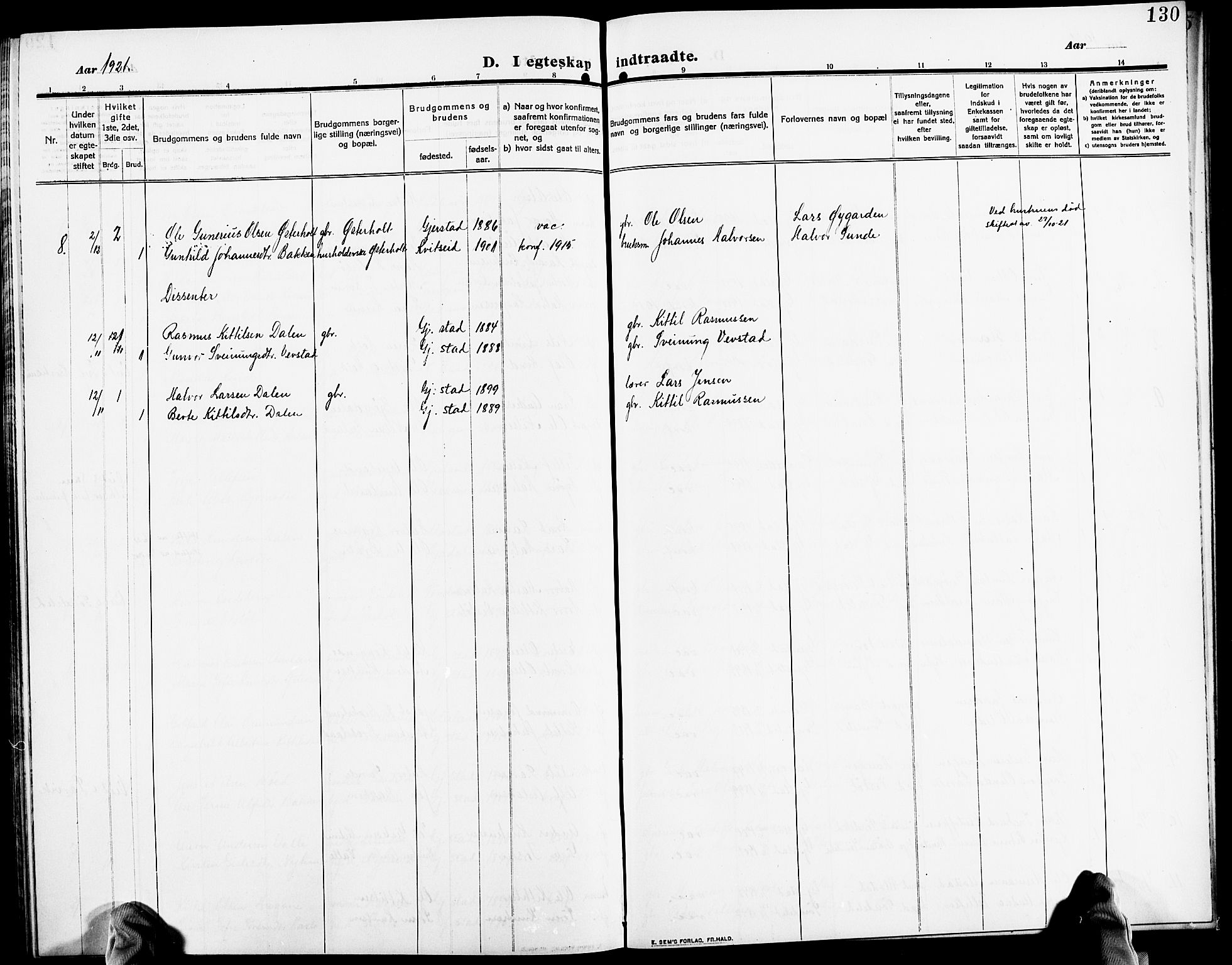 Gjerstad sokneprestkontor, AV/SAK-1111-0014/F/Fb/Fba/L0008: Parish register (copy) no. B 8, 1909-1925, p. 130