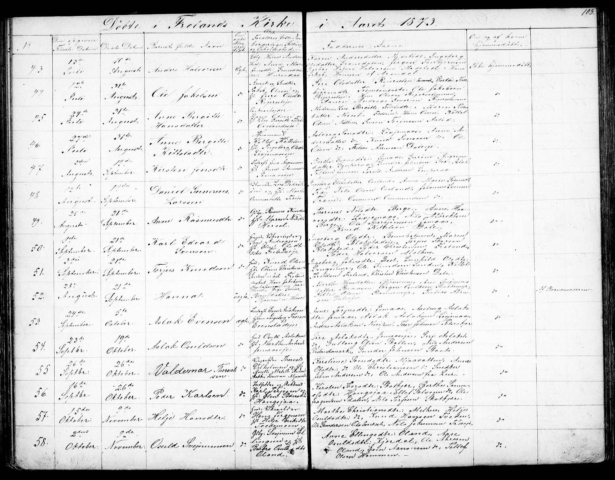 Froland sokneprestkontor, SAK/1111-0013/F/Fb/L0008: Parish register (copy) no. B 8, 1843-1875, p. 103