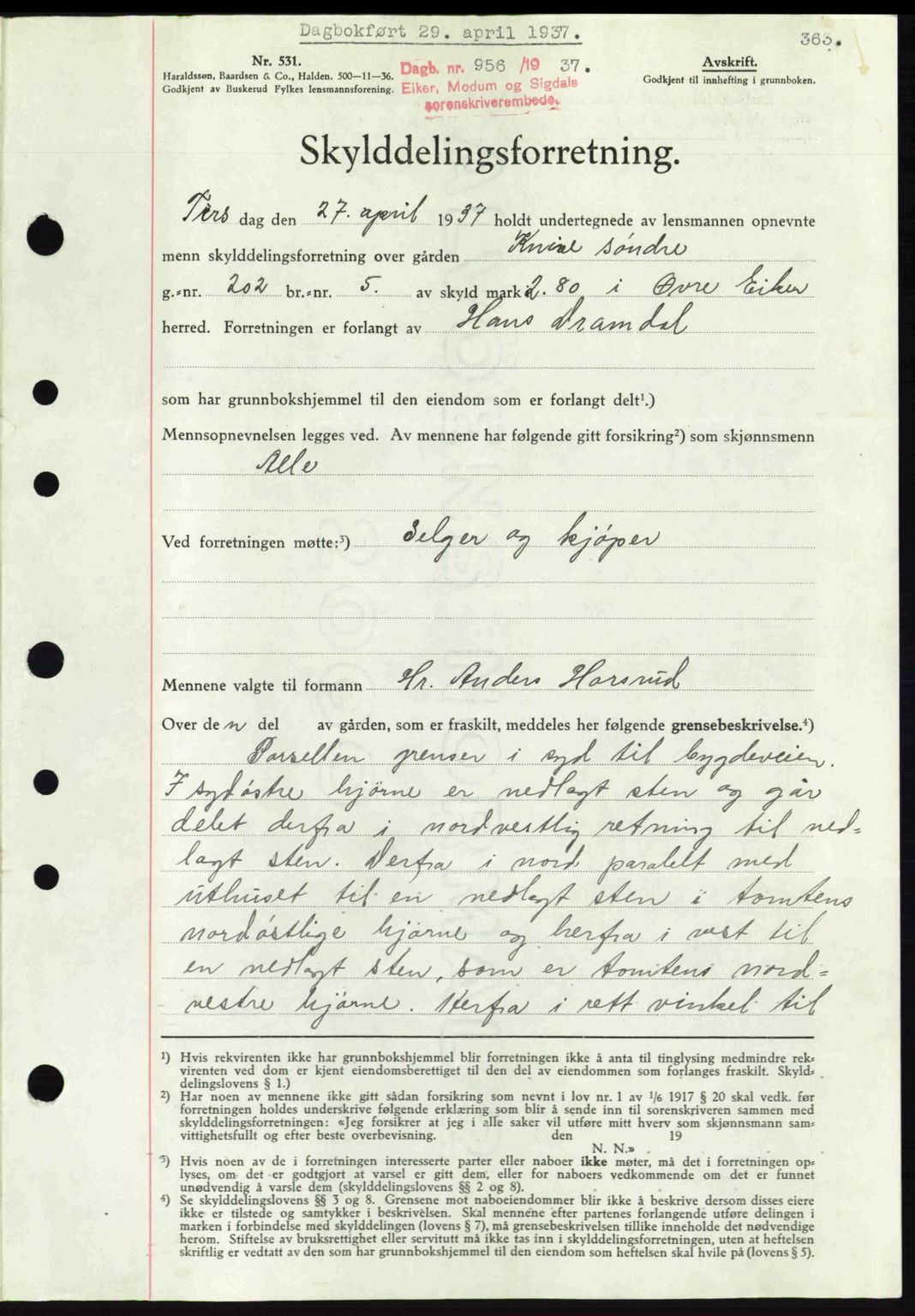 Eiker, Modum og Sigdal sorenskriveri, SAKO/A-123/G/Ga/Gab/L0035: Mortgage book no. A5, 1937-1937, Diary no: : 956/1937