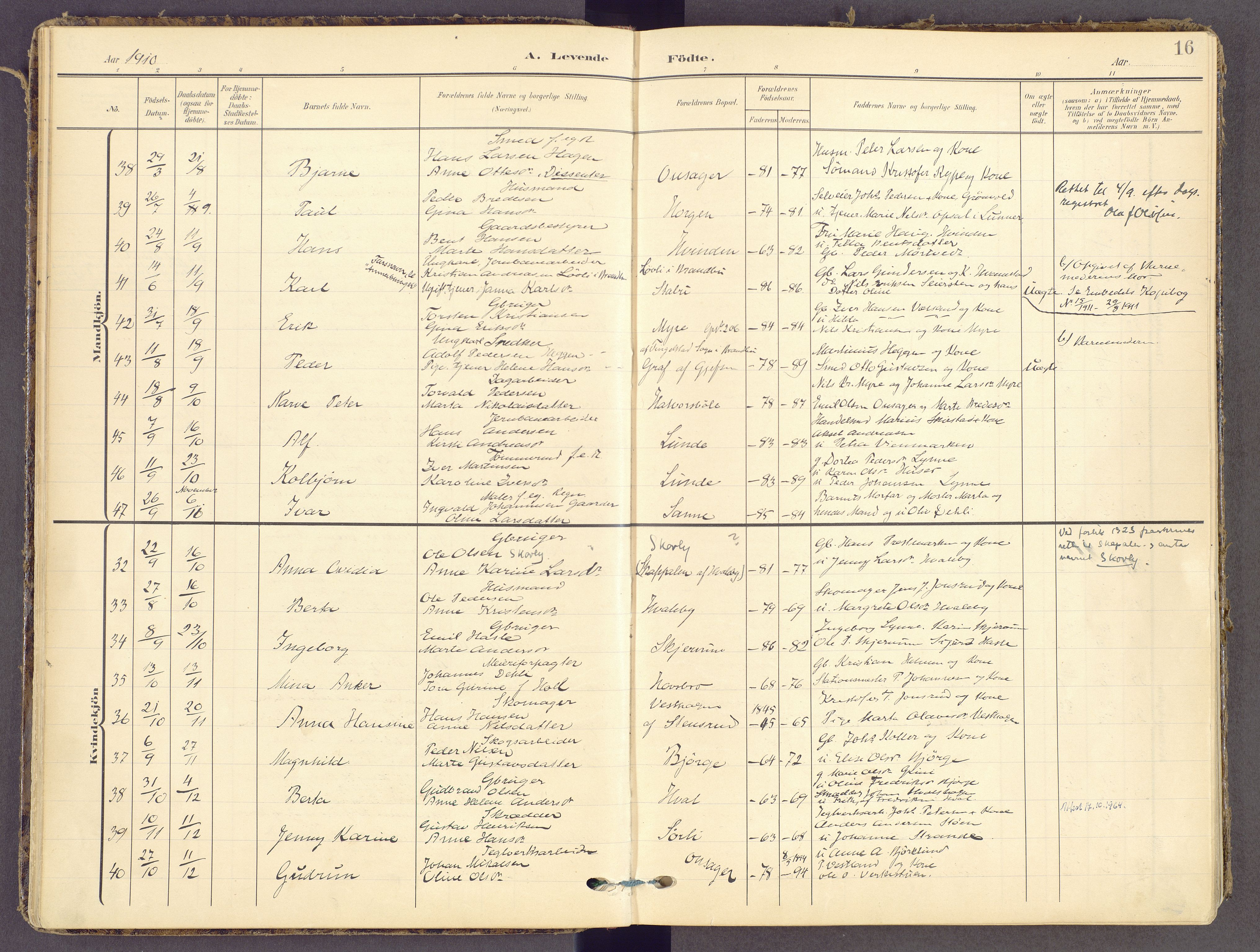 Gran prestekontor, AV/SAH-PREST-112/H/Ha/Haa/L0021: Parish register (official) no. 21, 1908-1932, p. 16