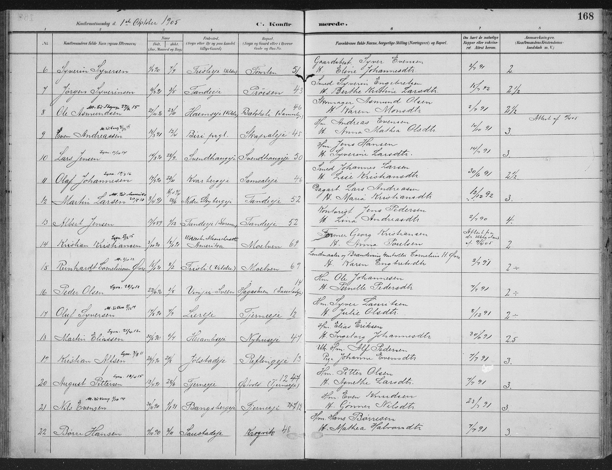 Ringsaker prestekontor, SAH/PREST-014/K/Ka/L0018: Parish register (official) no. 18, 1903-1912, p. 168