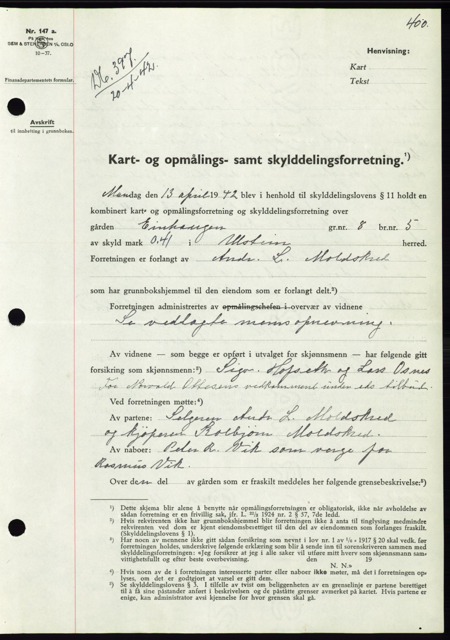 Søre Sunnmøre sorenskriveri, AV/SAT-A-4122/1/2/2C/L0073: Mortgage book no. 67, 1941-1942, Diary no: : 397/1942