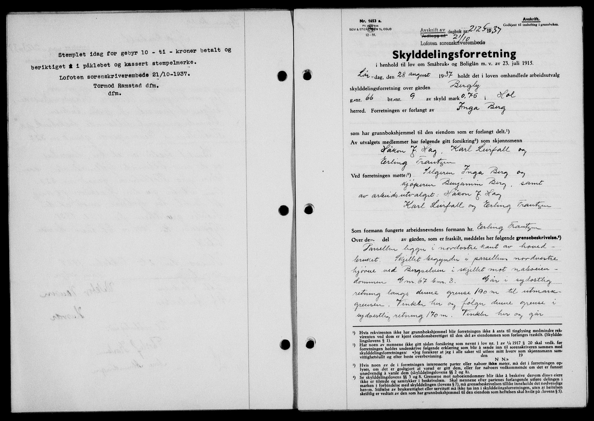 Lofoten sorenskriveri, SAT/A-0017/1/2/2C/L0003a: Mortgage book no. 3a, 1937-1938, Diary no: : 2125/1937
