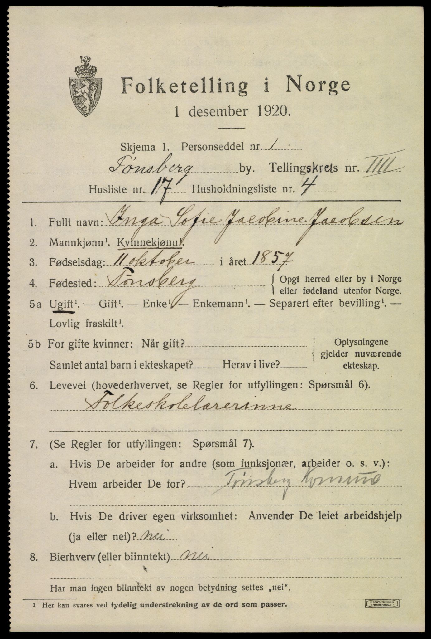 SAKO, 1920 census for Tønsberg, 1920, p. 12585