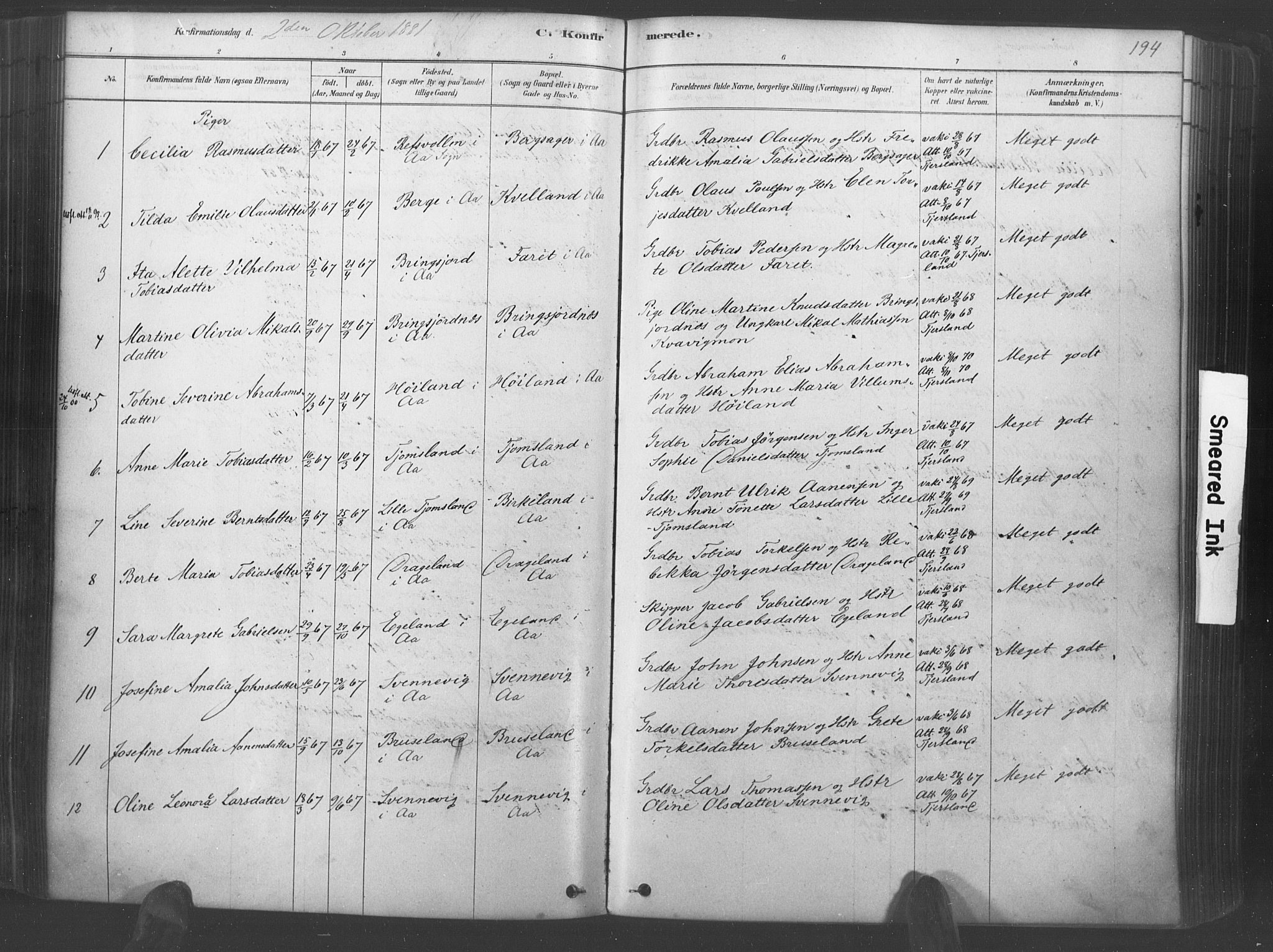 Lyngdal sokneprestkontor, AV/SAK-1111-0029/F/Fa/Fac/L0011: Parish register (official) no. A 11, 1878-1893, p. 194