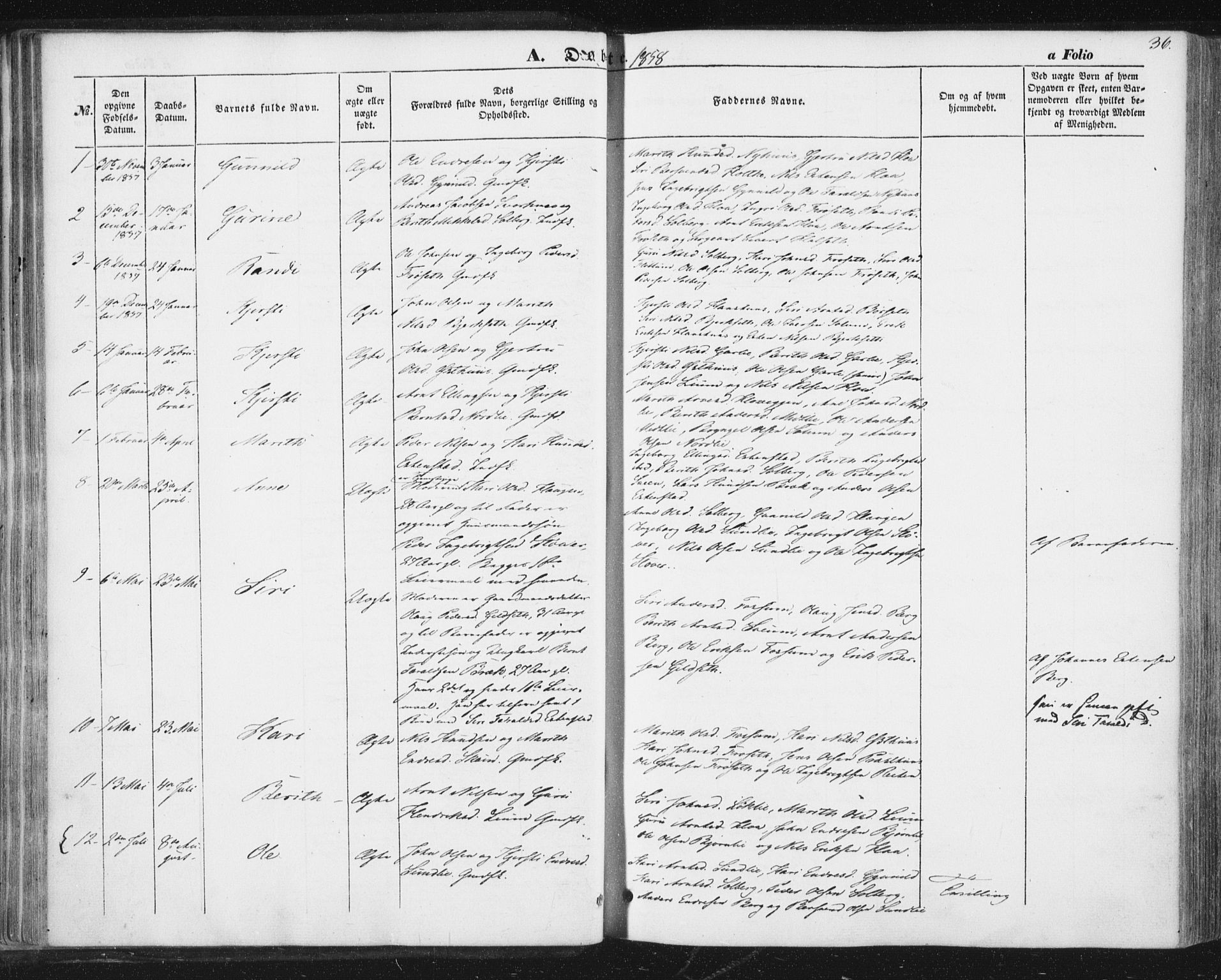 Ministerialprotokoller, klokkerbøker og fødselsregistre - Sør-Trøndelag, SAT/A-1456/689/L1038: Parish register (official) no. 689A03, 1848-1872, p. 36