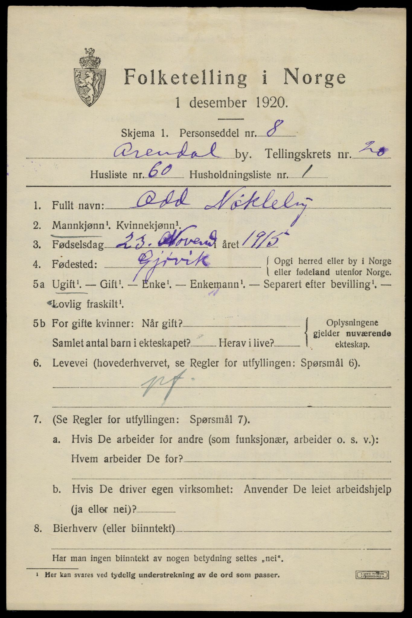 SAK, 1920 census for Arendal, 1920, p. 27506