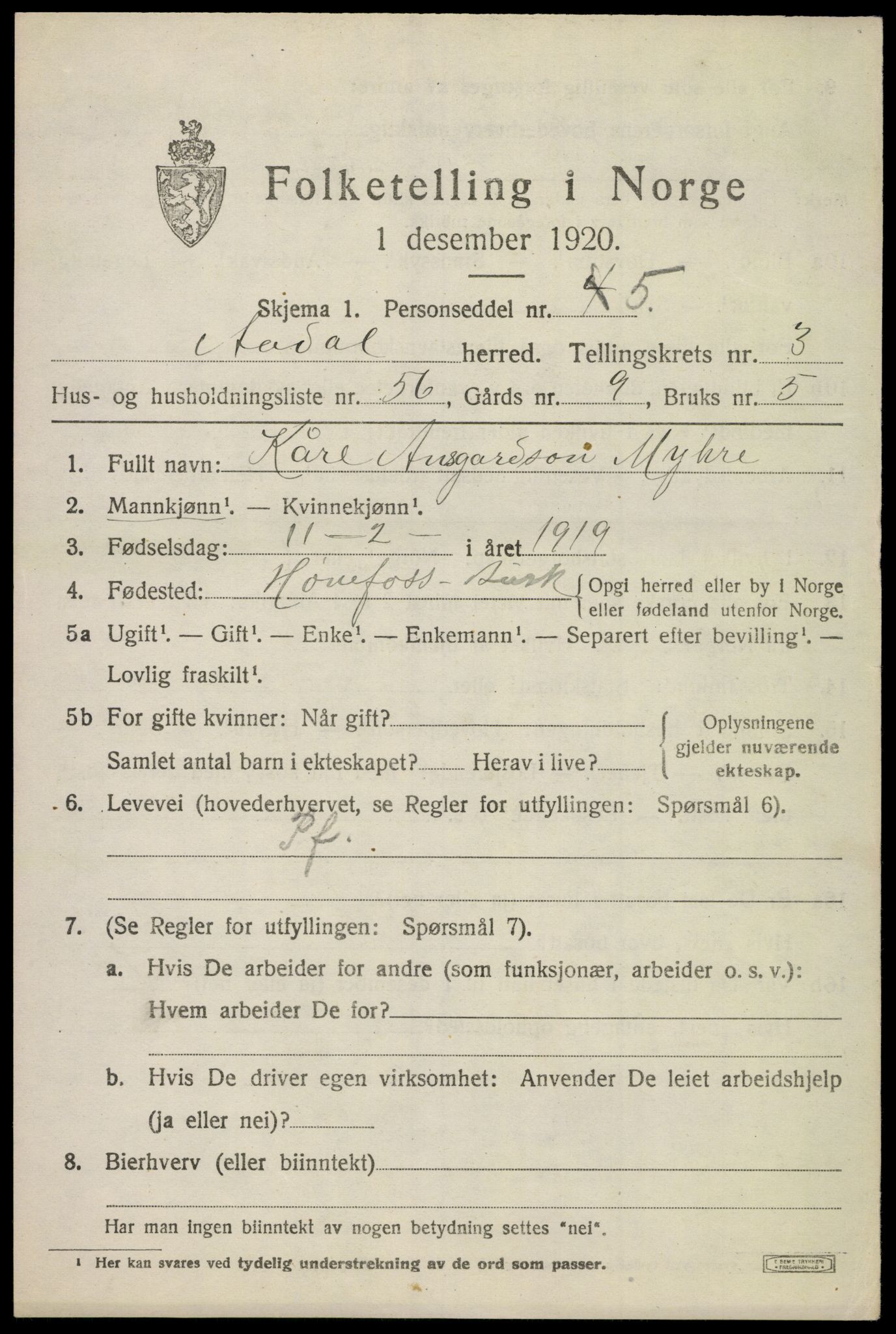 SAKO, 1920 census for Ådal, 1920, p. 3618