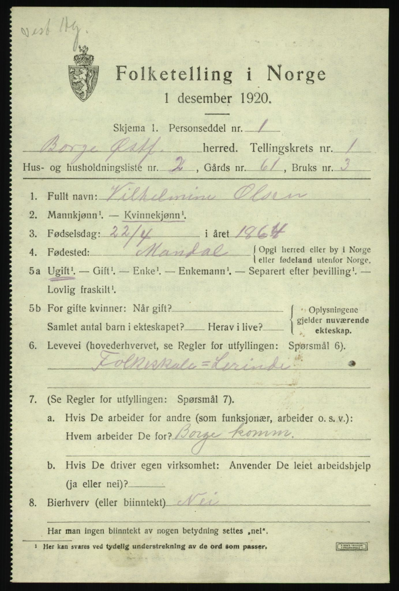 SAO, 1920 census for Borge, 1920, p. 1893