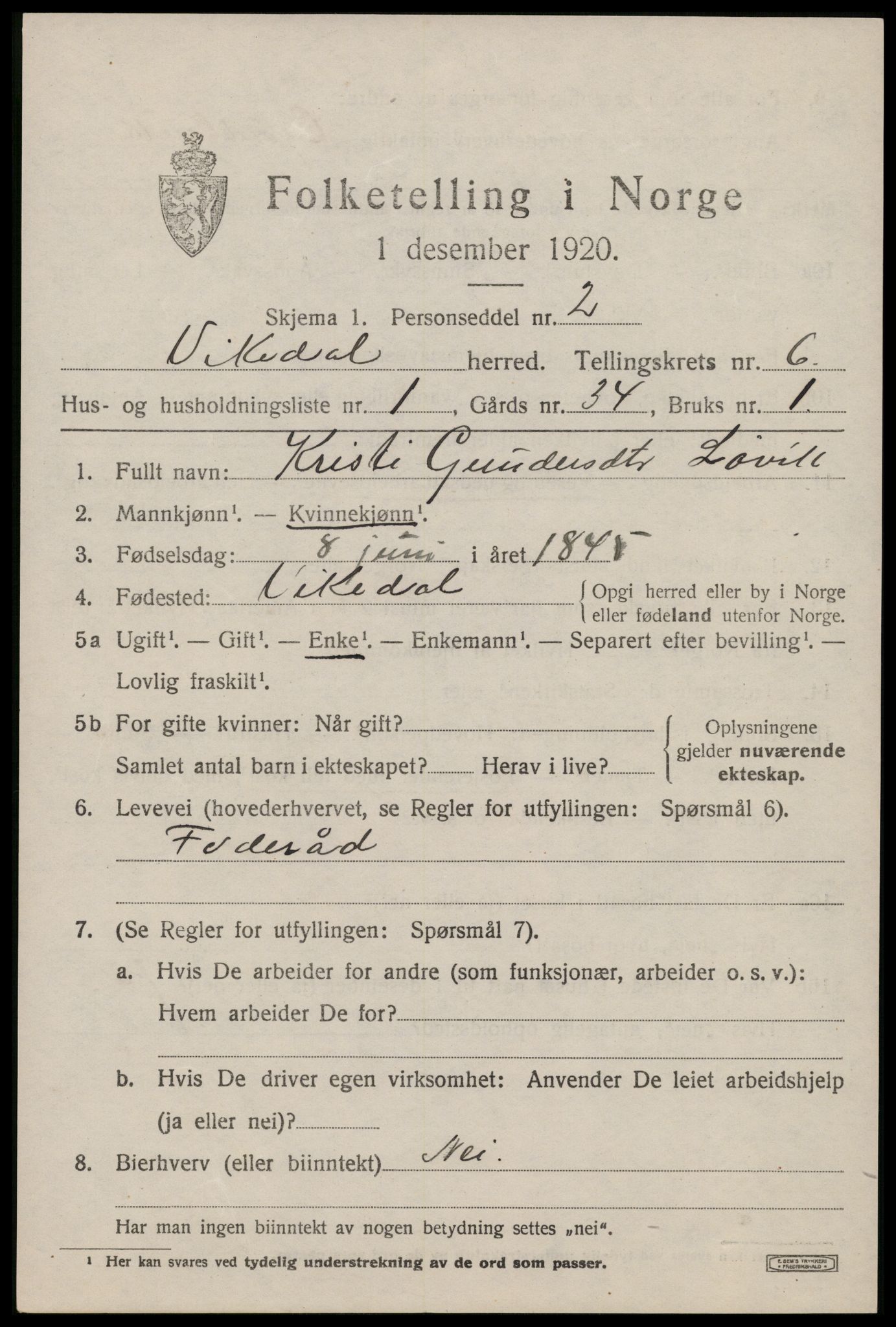 SAST, 1920 census for Vikedal, 1920, p. 2545