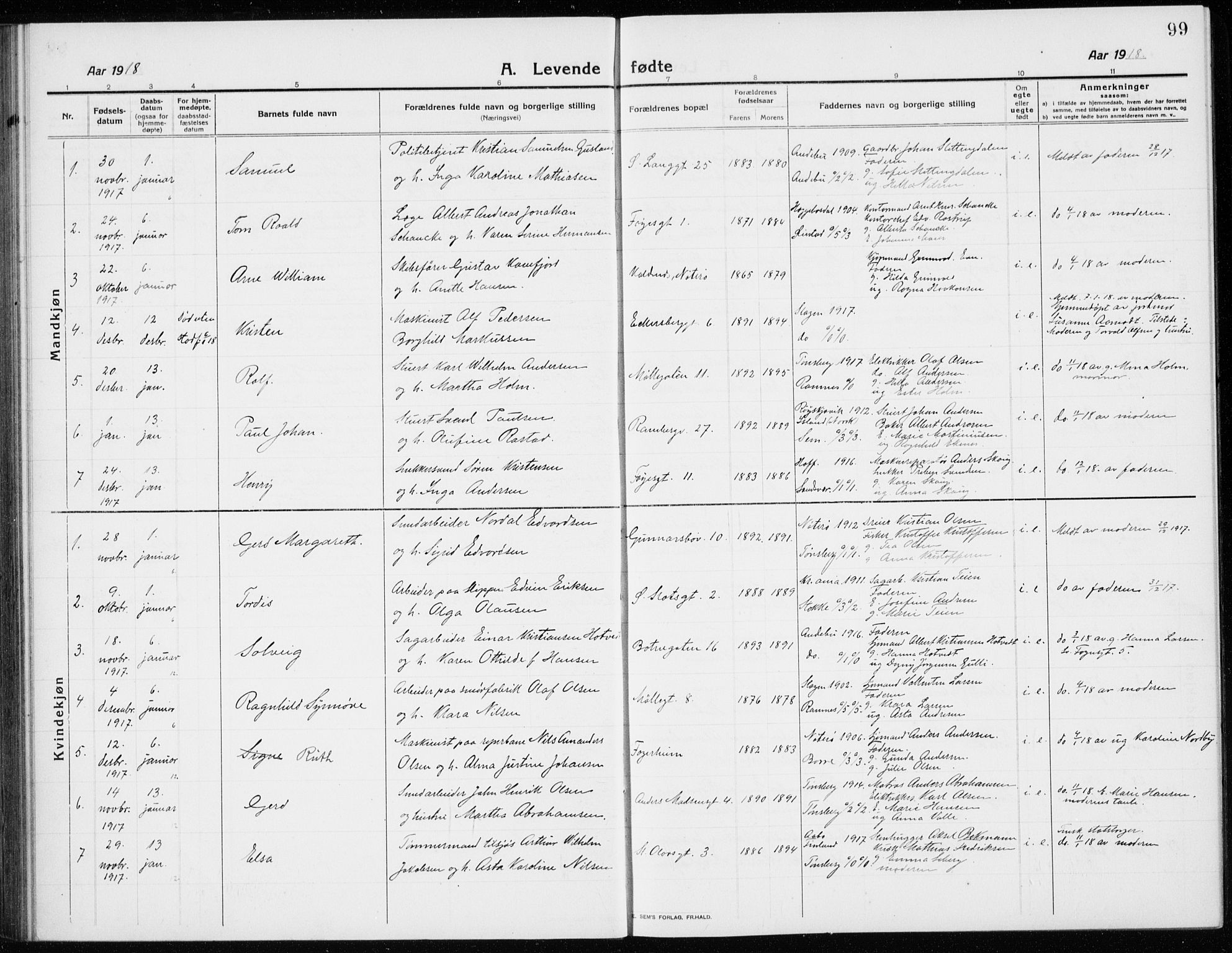 Tønsberg kirkebøker, AV/SAKO-A-330/G/Ga/L0009: Parish register (copy) no. 9, 1913-1920, p. 99