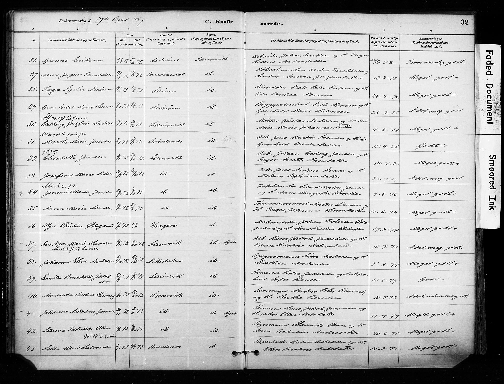 Larvik kirkebøker, AV/SAKO-A-352/F/Fa/L0008: Parish register (official) no. I 8, 1884-1902, p. 32