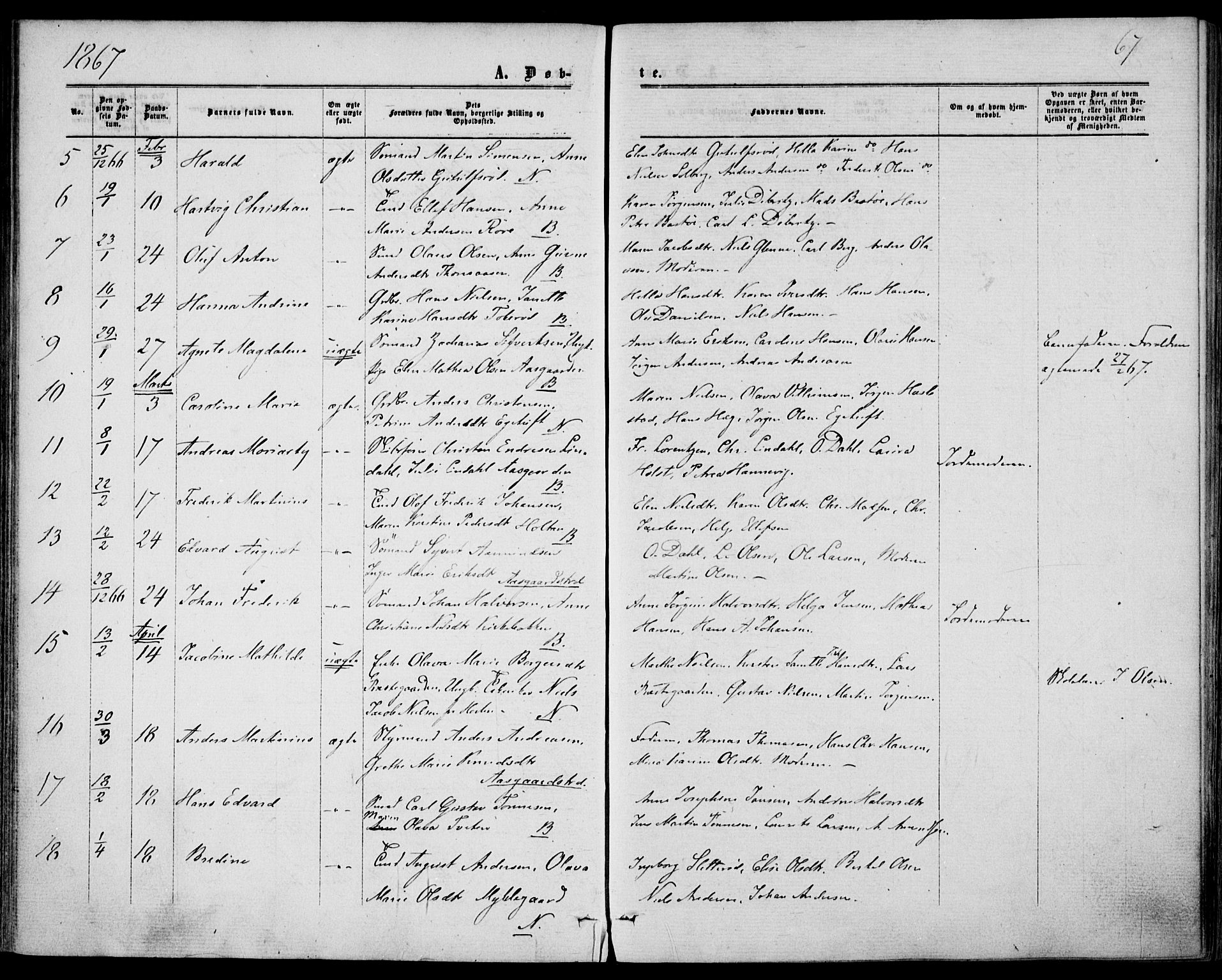 Borre kirkebøker, SAKO/A-338/F/Fa/L0007: Parish register (official) no. I 7, 1862-1867, p. 67