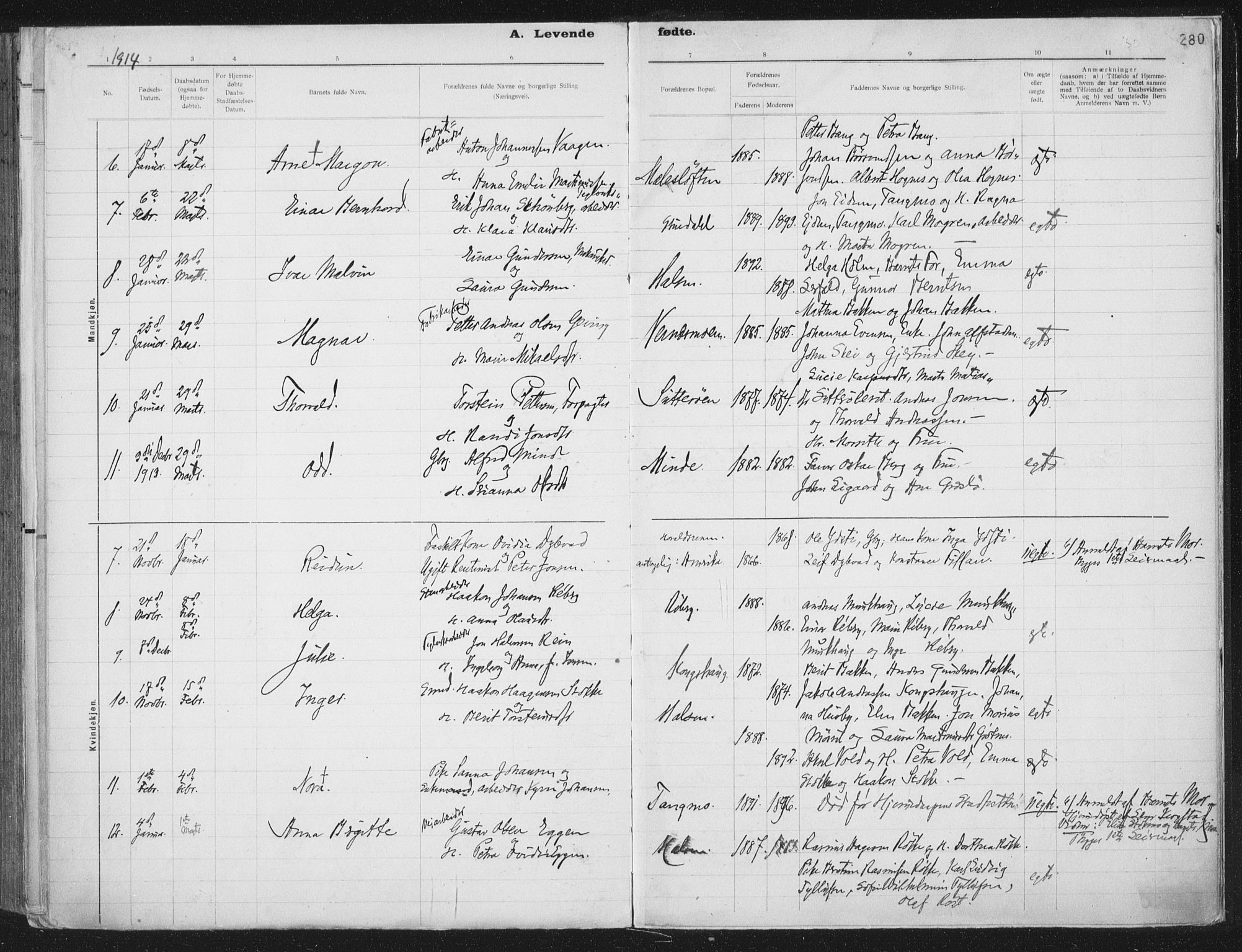 Ministerialprotokoller, klokkerbøker og fødselsregistre - Nord-Trøndelag, SAT/A-1458/709/L0082: Parish register (official) no. 709A22, 1896-1916, p. 280