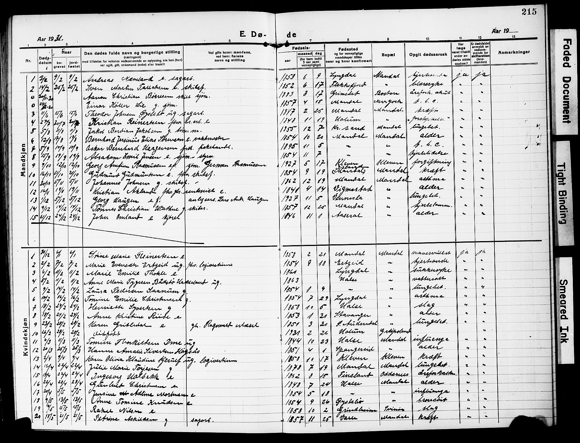 Mandal sokneprestkontor, SAK/1111-0030/F/Fb/Fbc/L0001: Parish register (copy) no. B 1, 1918-1931, p. 215