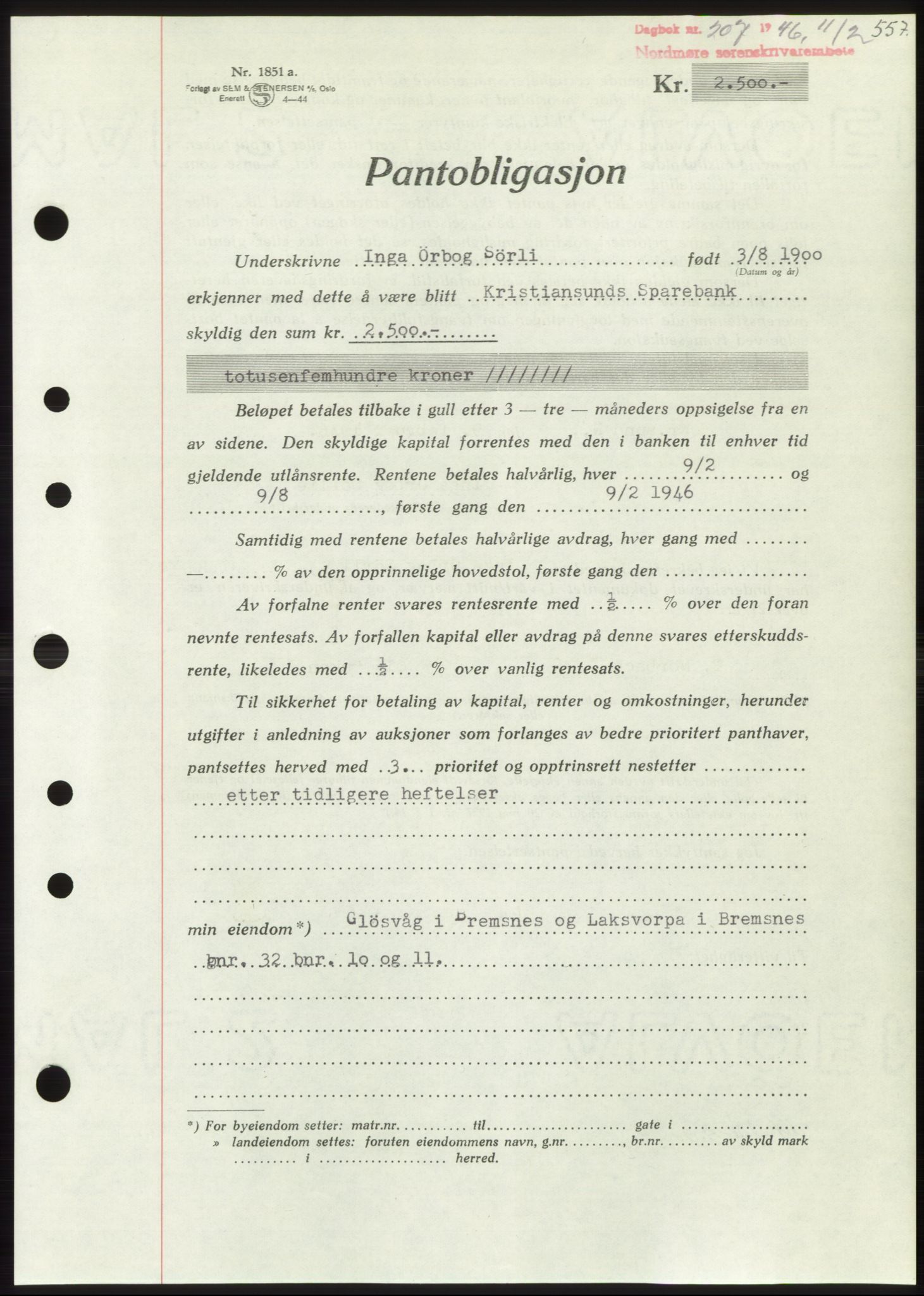 Nordmøre sorenskriveri, AV/SAT-A-4132/1/2/2Ca: Mortgage book no. B93b, 1946-1946, Diary no: : 207/1946