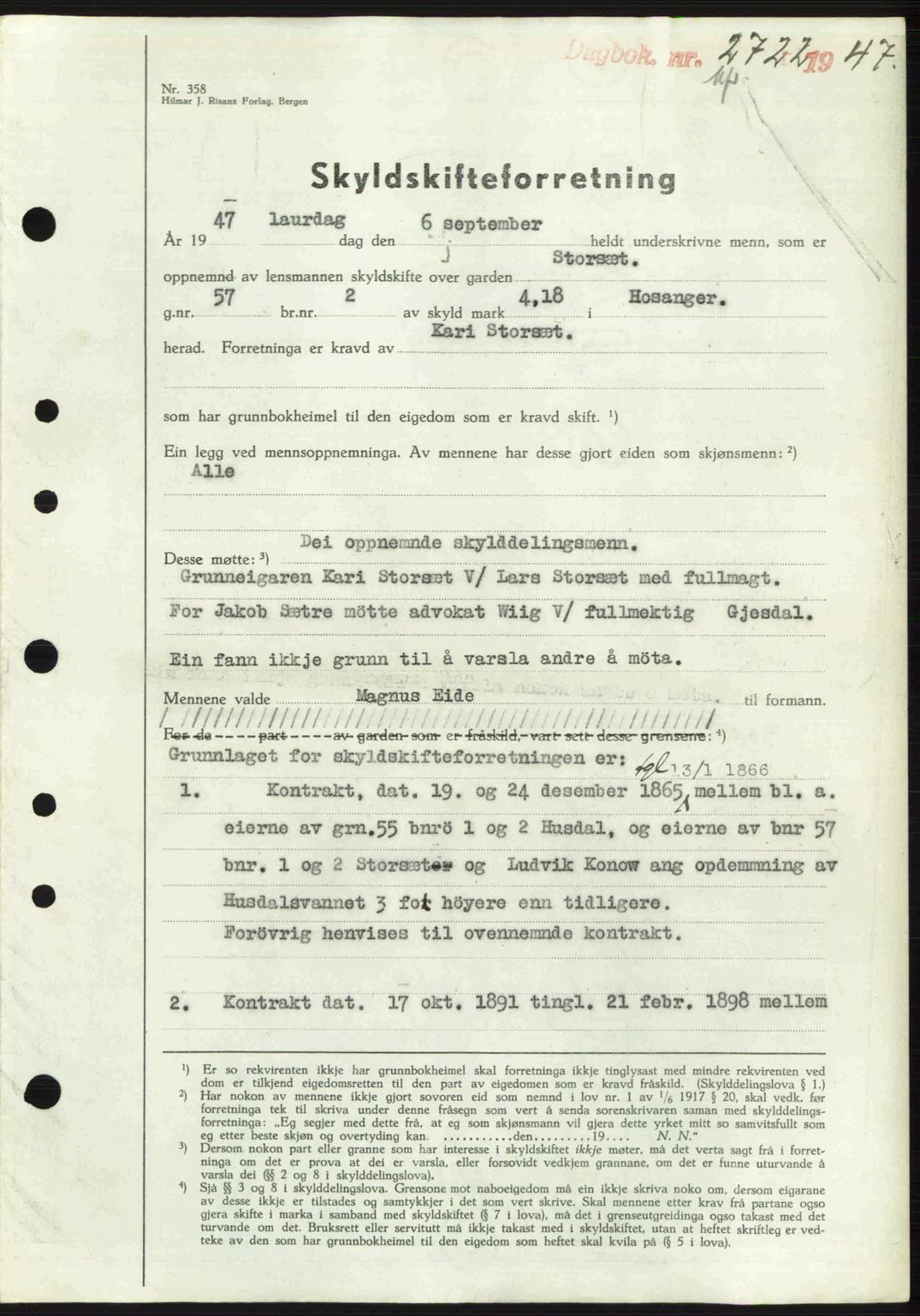 Nordhordland sorenskrivar, SAB/A-2901/1/G/Gb/Gbf/L0032: Mortgage book no. A32, 1947-1947, Diary no: : 2722/1947