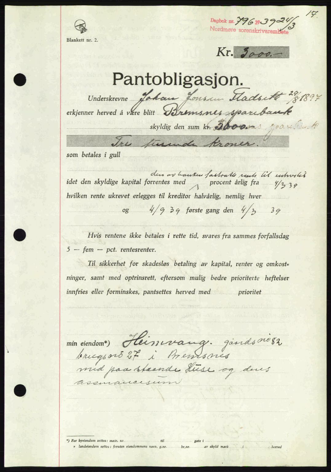 Nordmøre sorenskriveri, AV/SAT-A-4132/1/2/2Ca: Mortgage book no. B85, 1939-1939, Diary no: : 796/1939