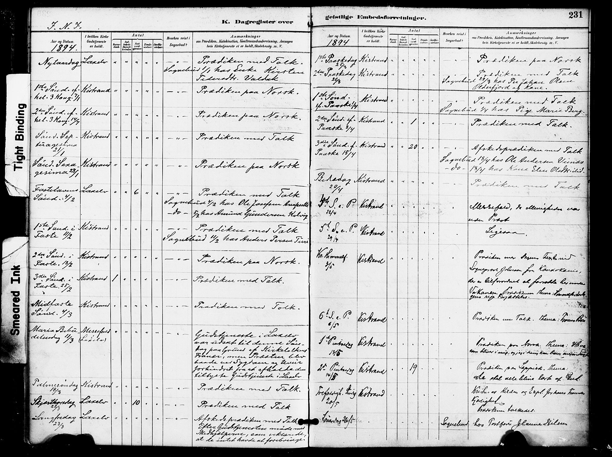 Kistrand/Porsanger sokneprestembete, SATØ/S-1351/H/Ha/L0008.kirke: Parish register (official) no. 8, 1890-1898, p. 231